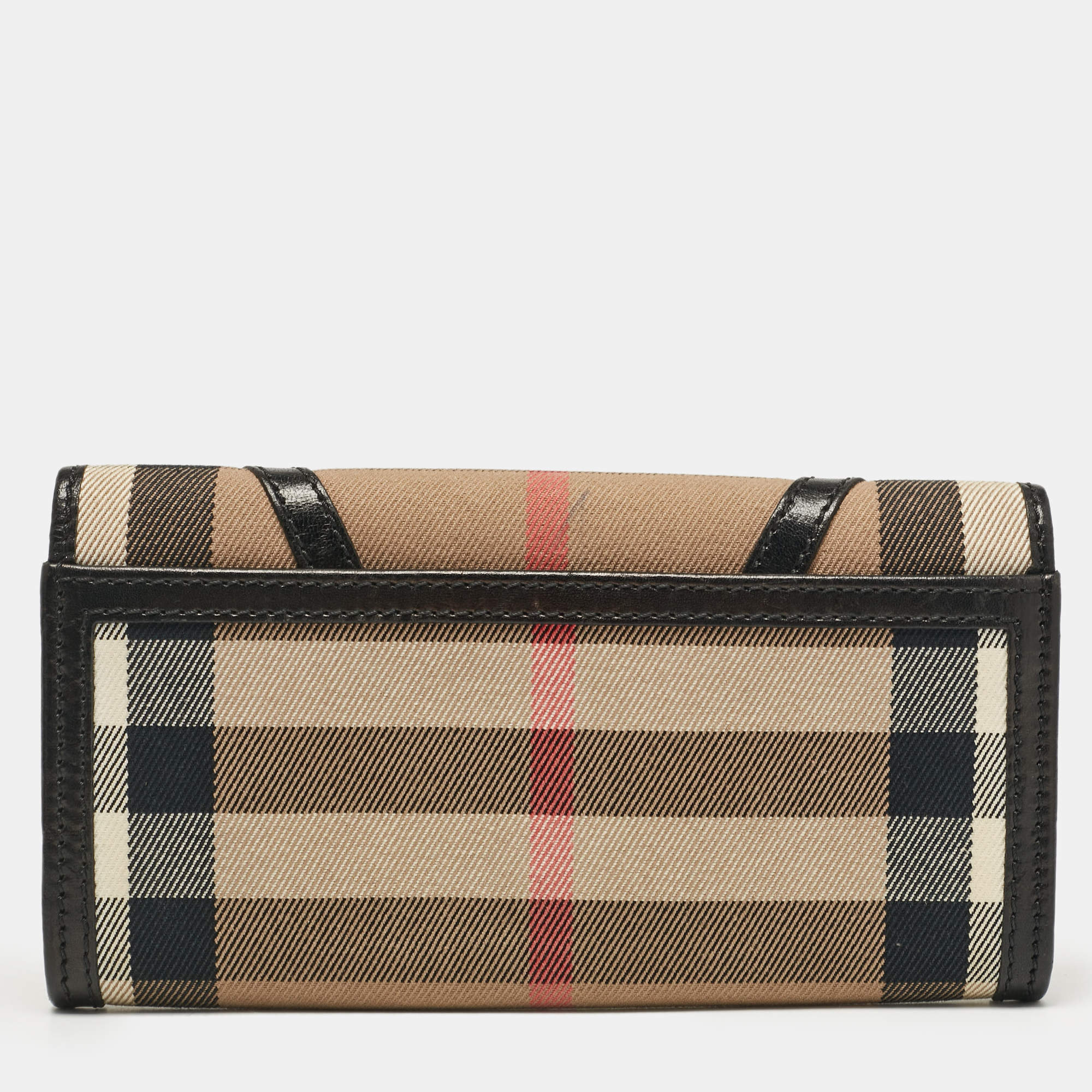 Pre Owned Burberry Black/Beige House Check Fabric and Leather Leighton Continental Wallet