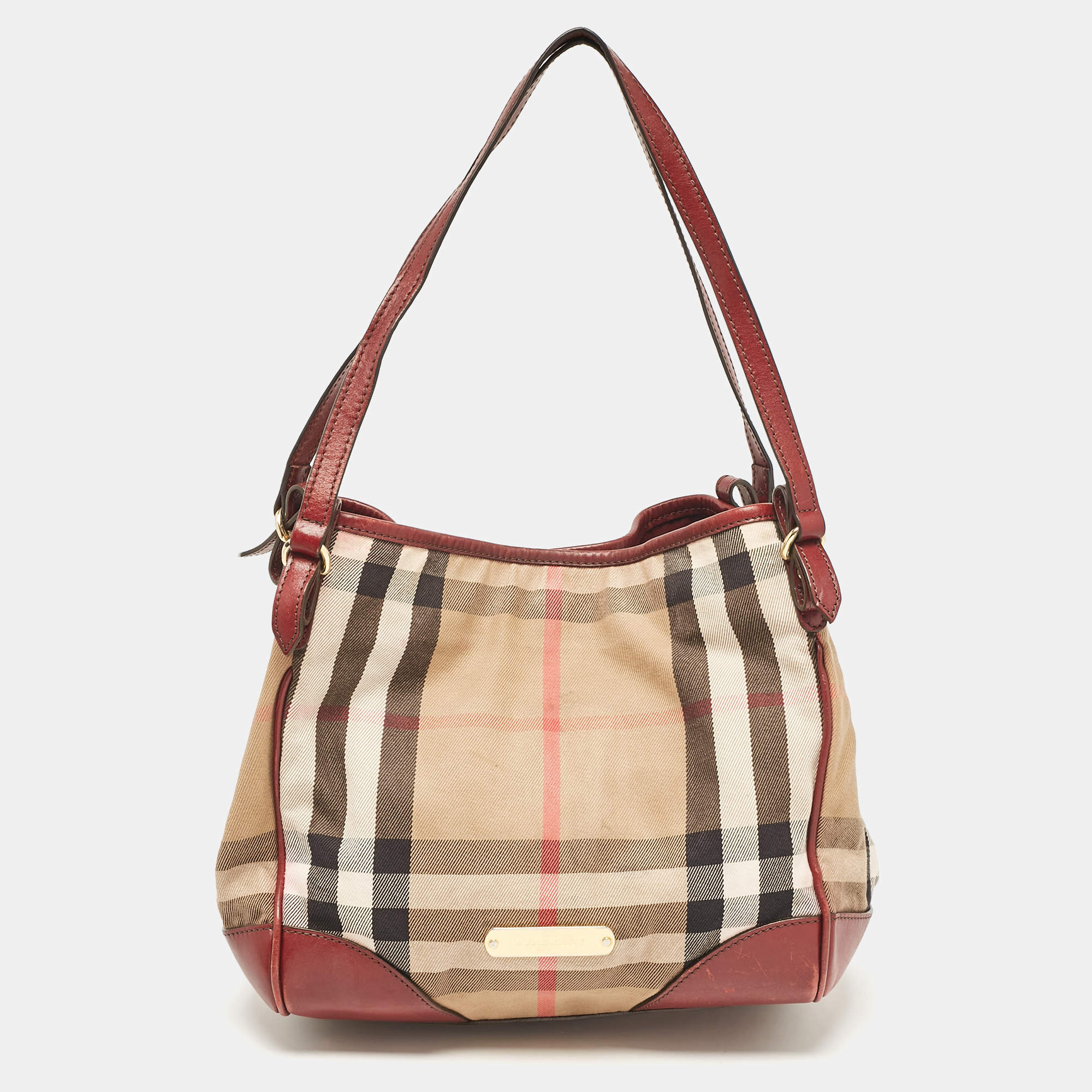 Pre Owned Burberry Beige/Maroon Leather and House Check Fabric Small Canterbury Tote