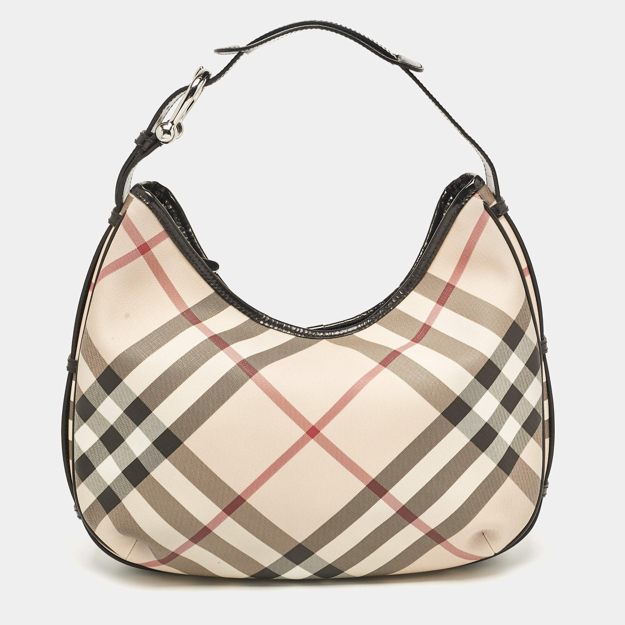Pre Owned Burberry Black/Beige Nova Check Coated Canvas and Patent Leather Barton Hobo