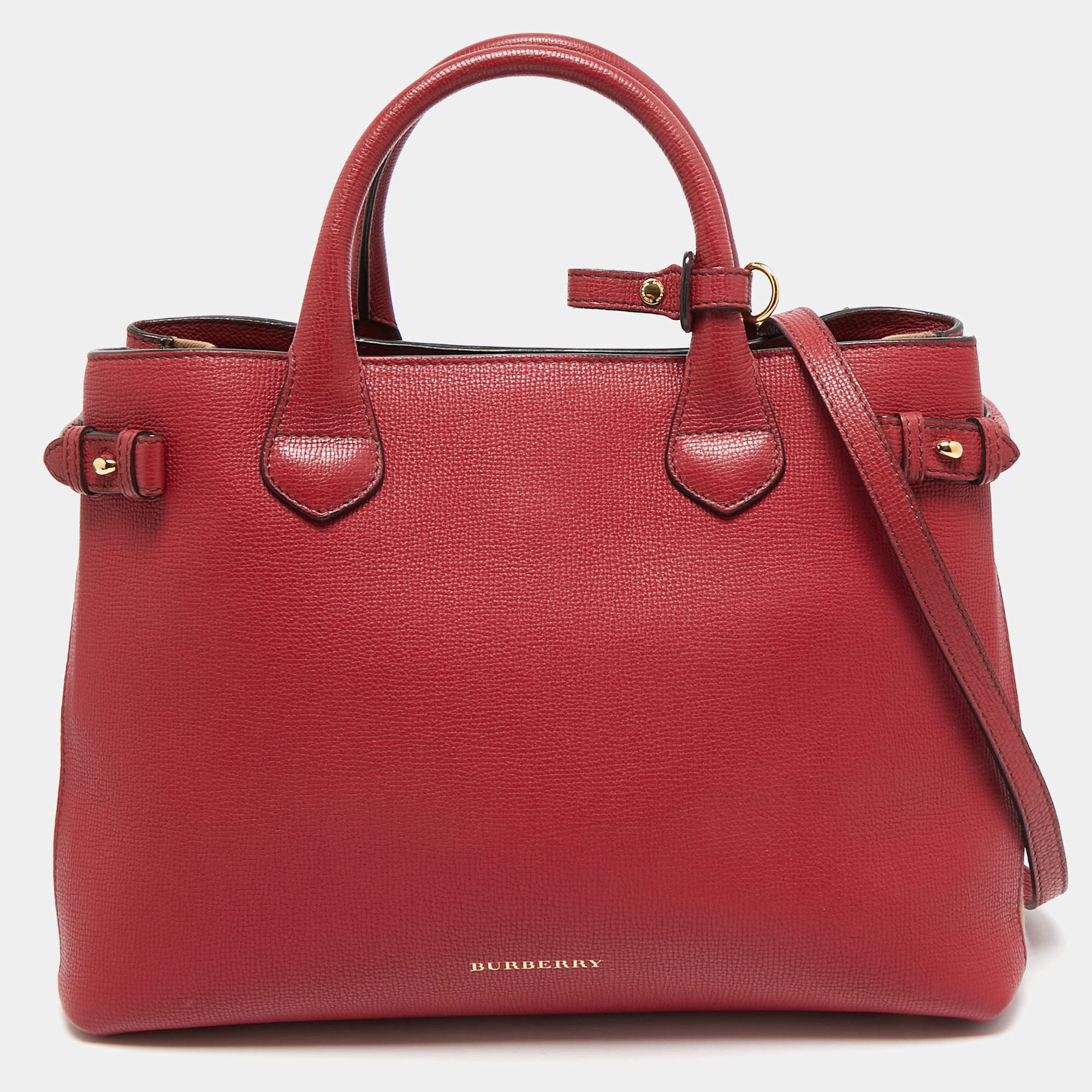 مملوكة مسبقًا Burberry Red/Beige Leather and House Check Fabric Medium Banner Tote