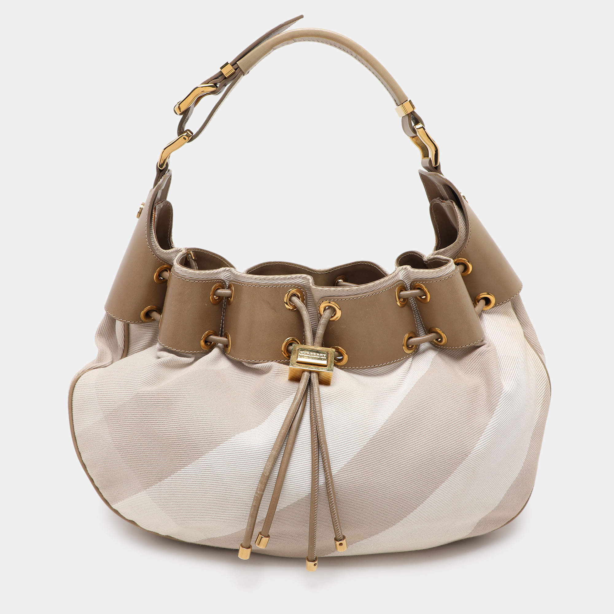 Pre Owned Burberry Beige/Olive Summer Check Canvas and Leather Mason Warrior Hobo