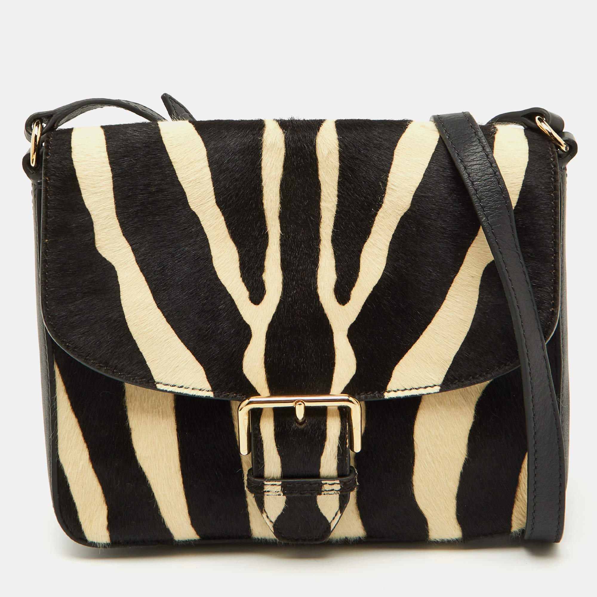 Pre Owned Burberry Black/Cream Zebra Print Calf Hair Buckle Crossbody Bag