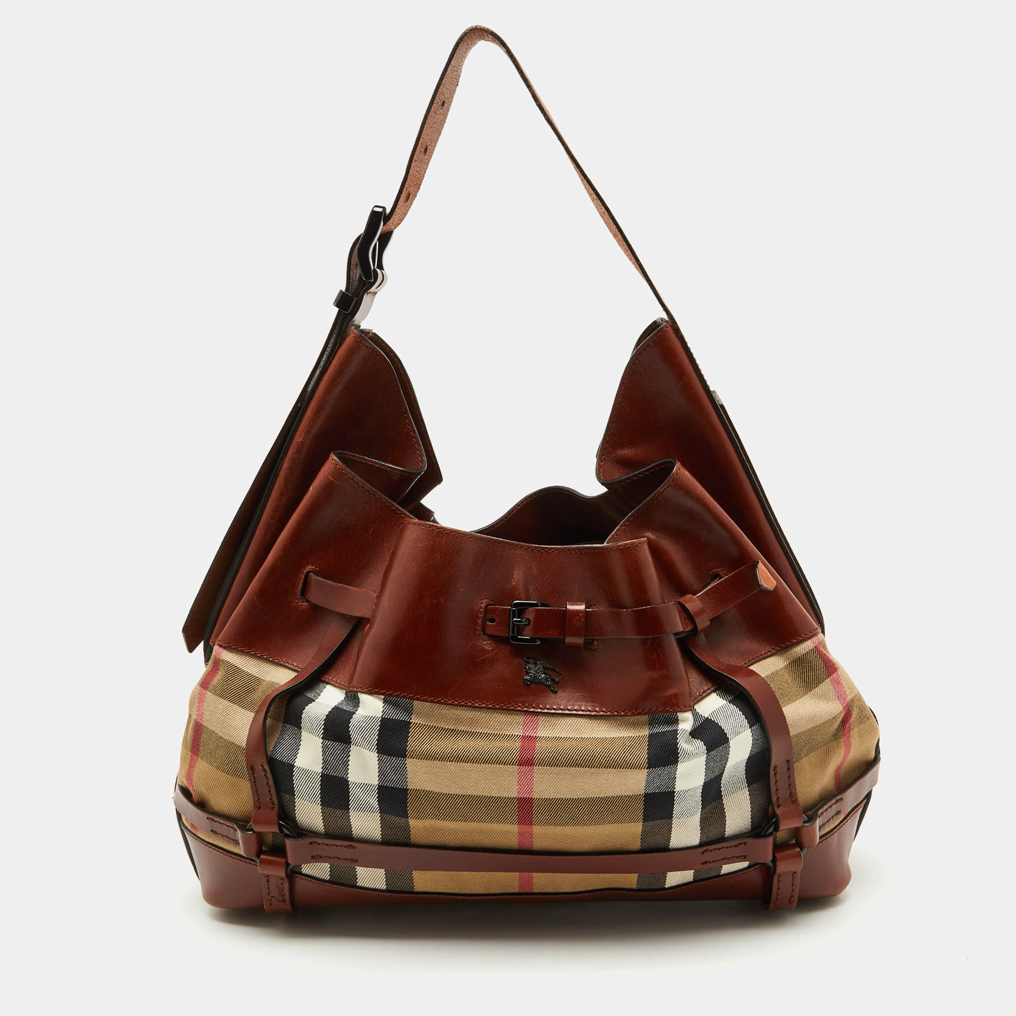 Burberry Brown/Beige House Check Canvas and Leather Bridle Hobo