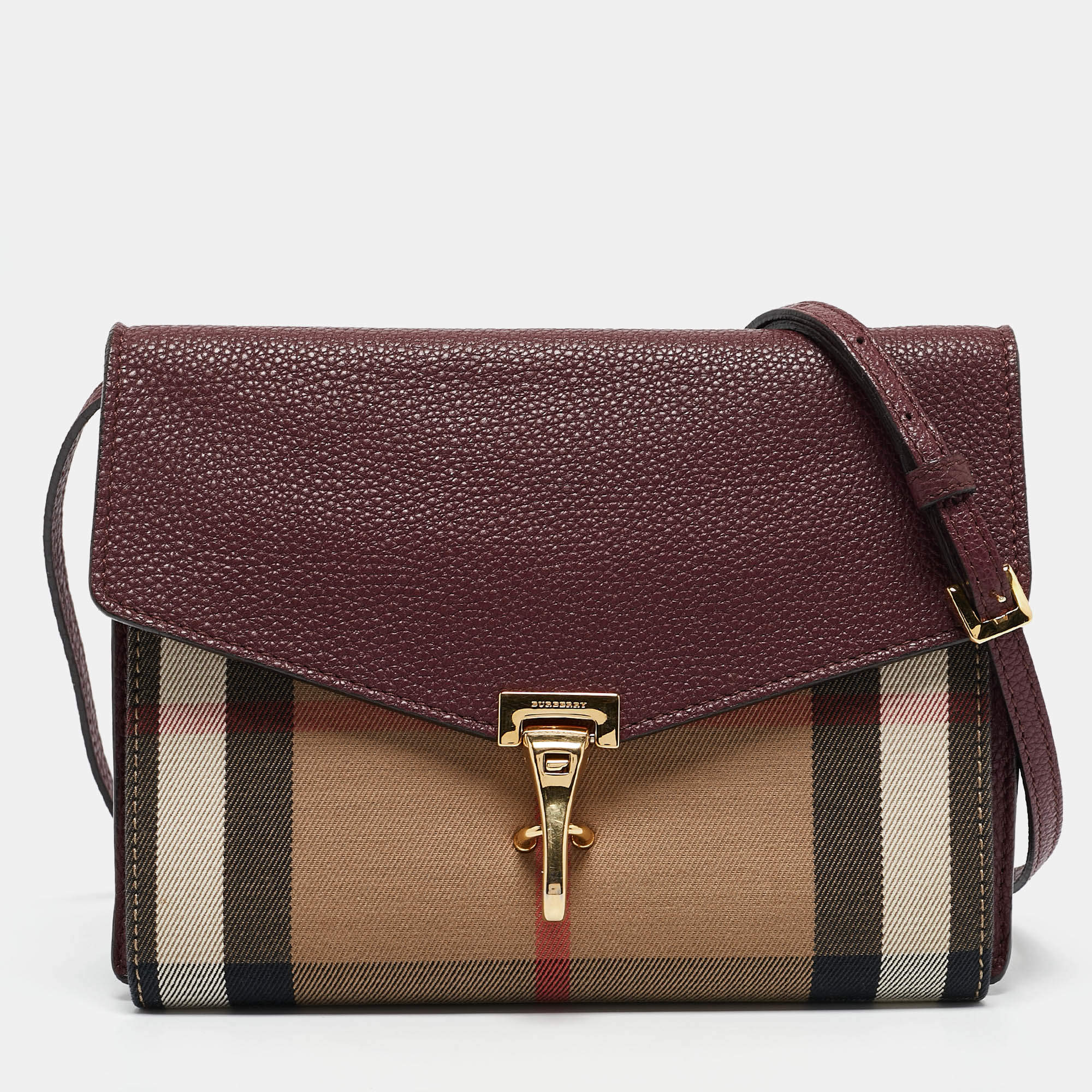 مملوكة مسبقًا Burberry Burgundy/Beige Check Fabric and Leather Small Macken Crossbody Bag