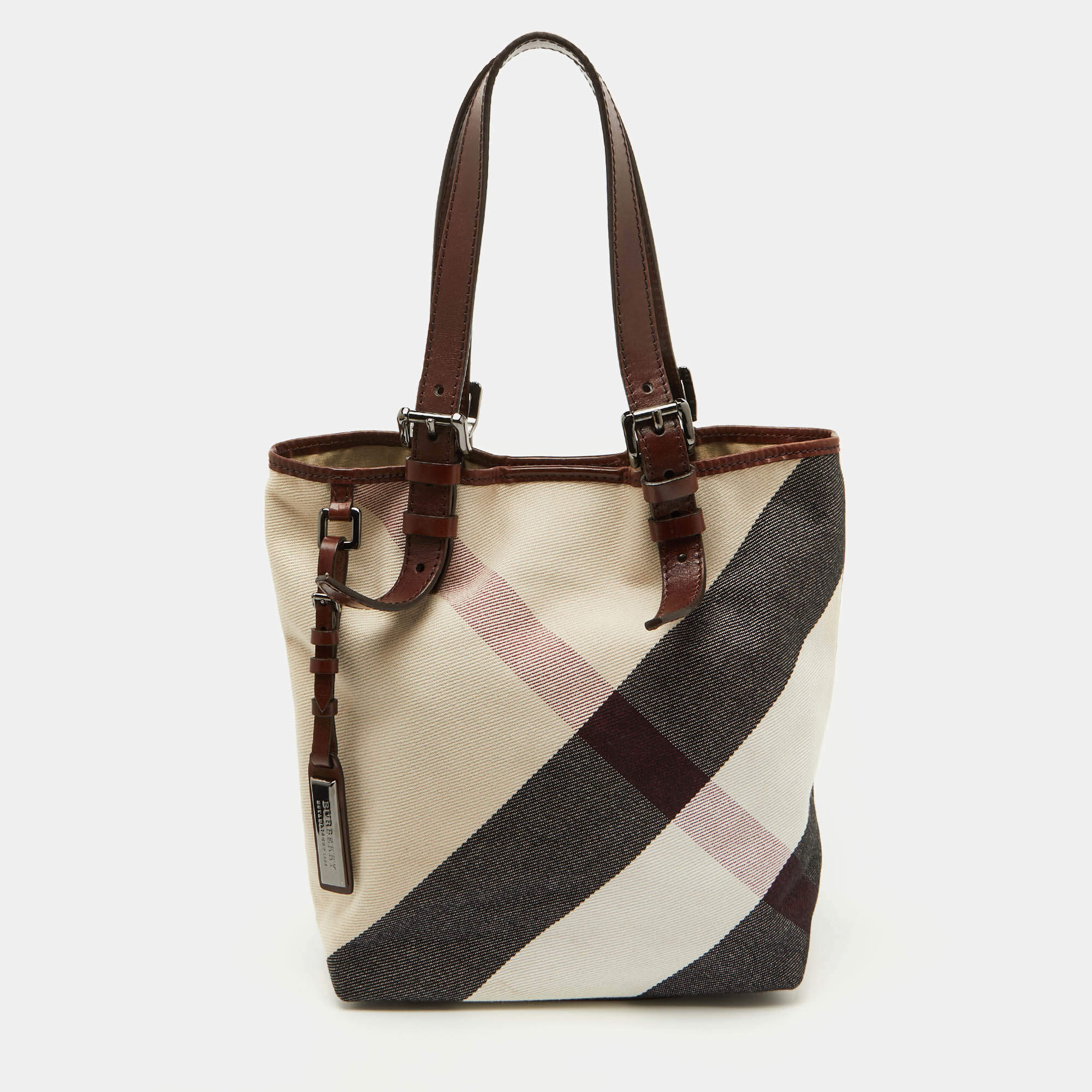 Pre Owned Burberry Beige/Brown Mega Check Canvas and Leather Tote