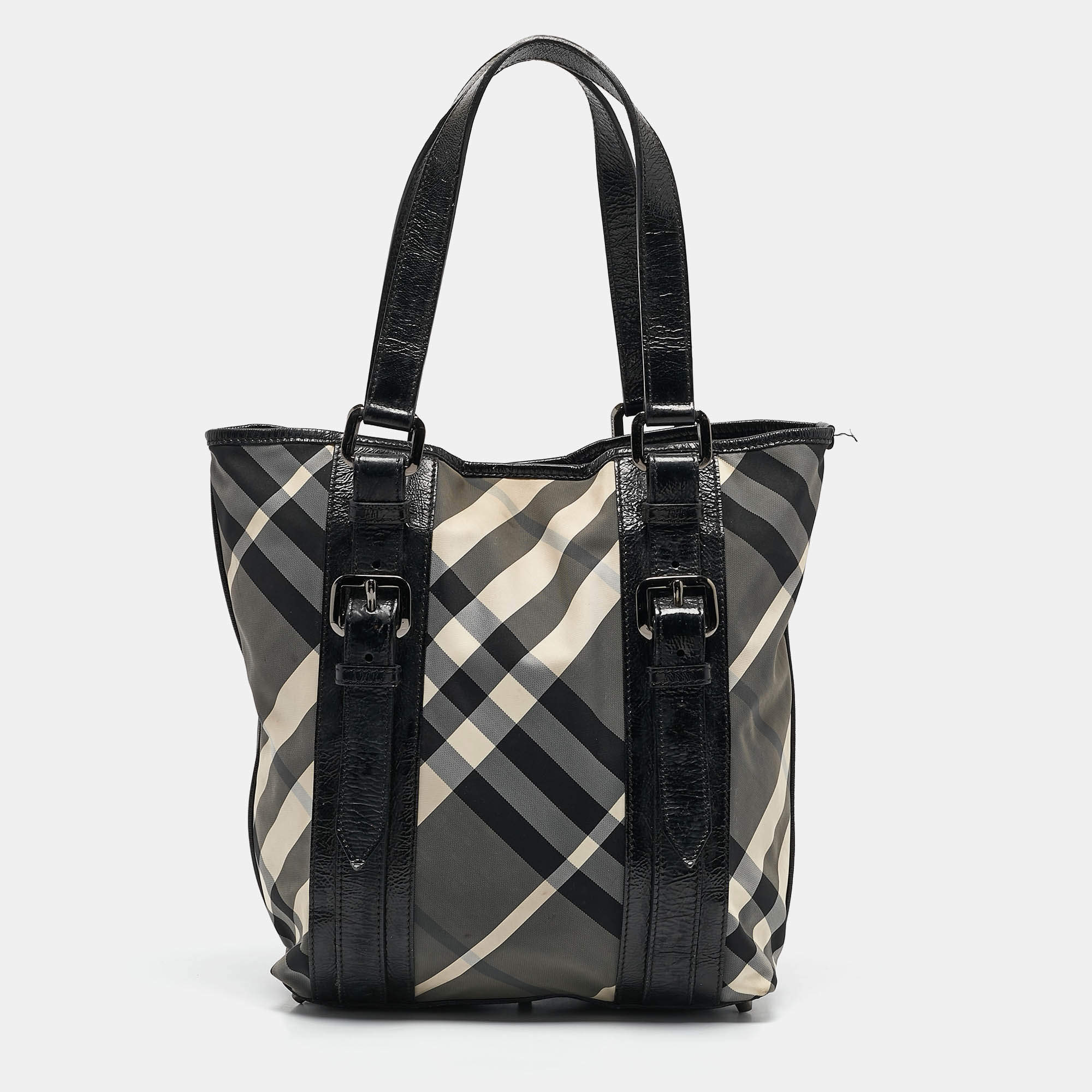 Burberry Grey/Black Beat Check Nylon and Patent Leather Lowry Tote