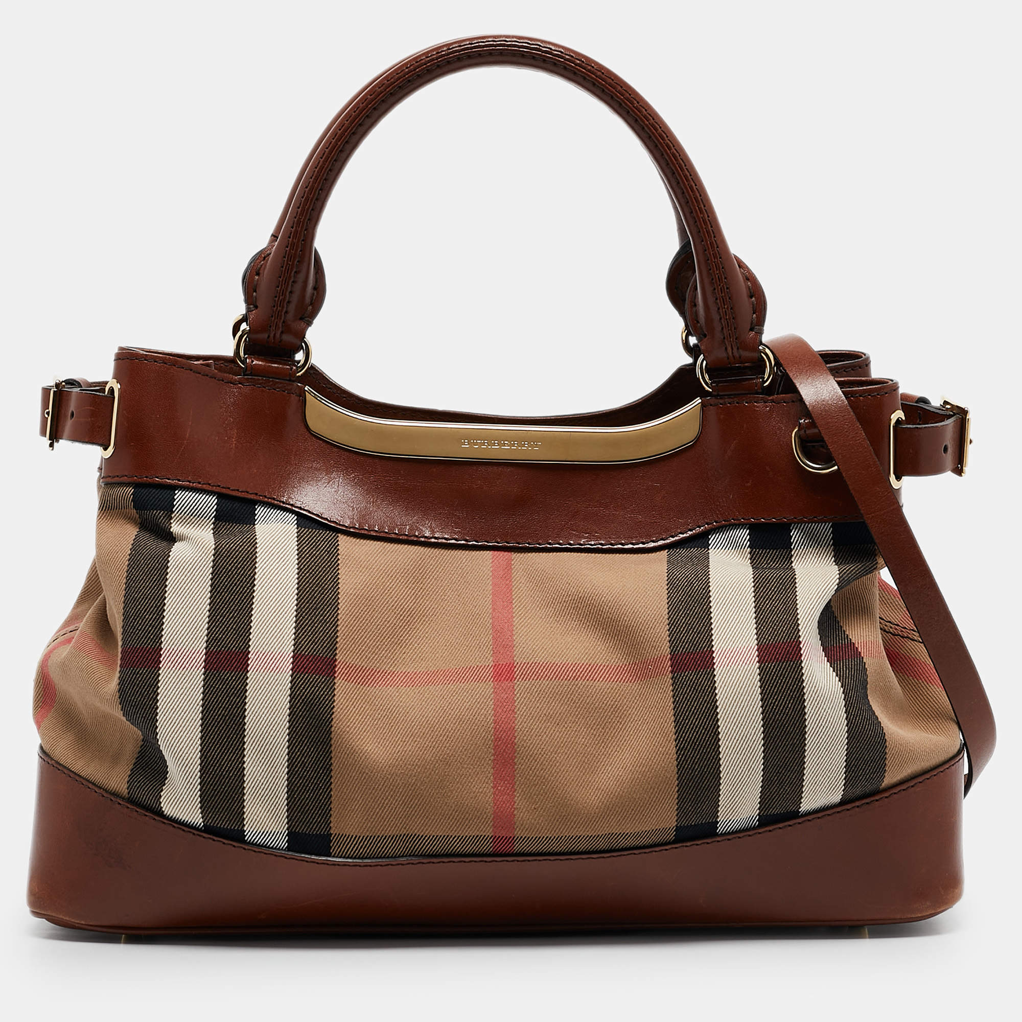 Pre Owned Burberry Brown/Beige House Check Canvas and Leather Hepburn Shoulder Bag