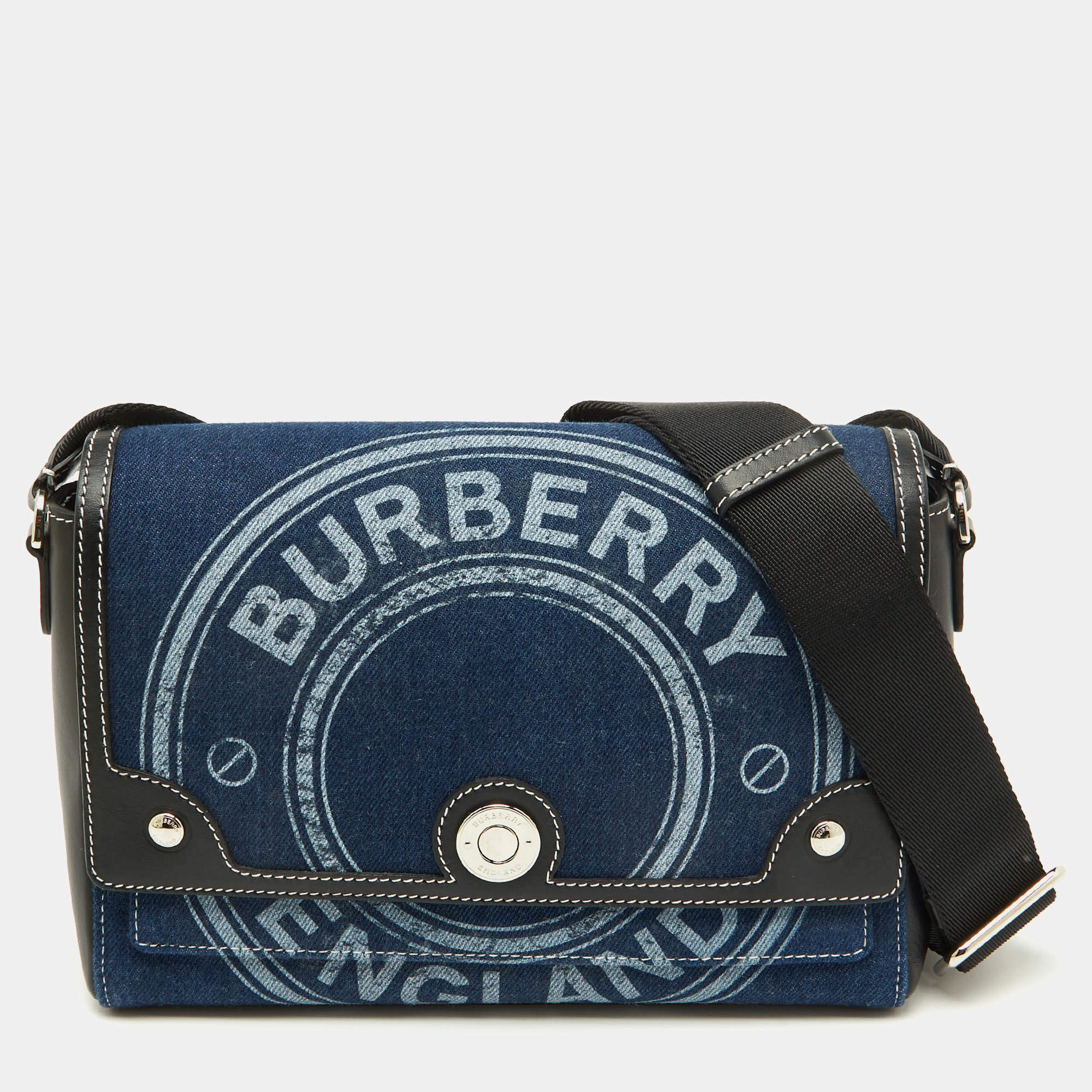 Pre Owned Burberry Blue/Black Denim and Leather Medium Note Logo Shoulder Bag