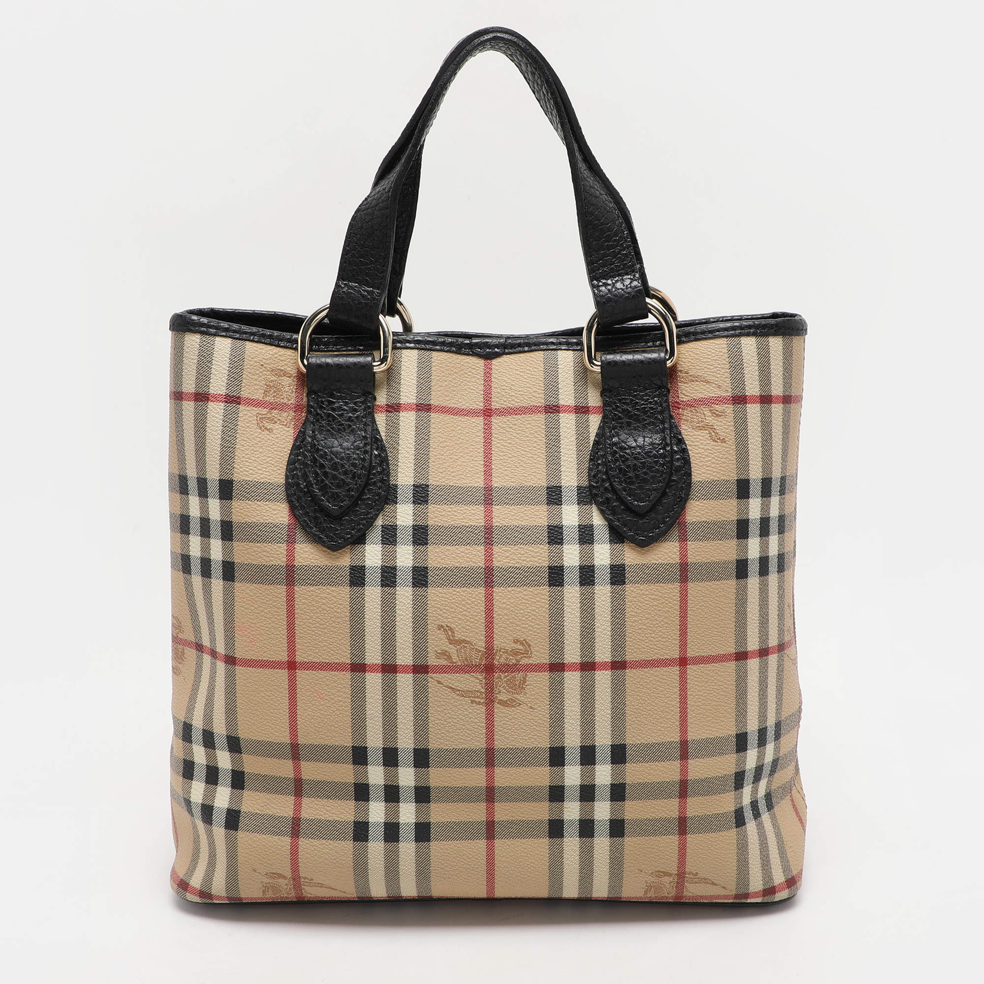 Pre Owned Burberry Beige Haymarket Check Coated Canvas and Leather On Slow Tote