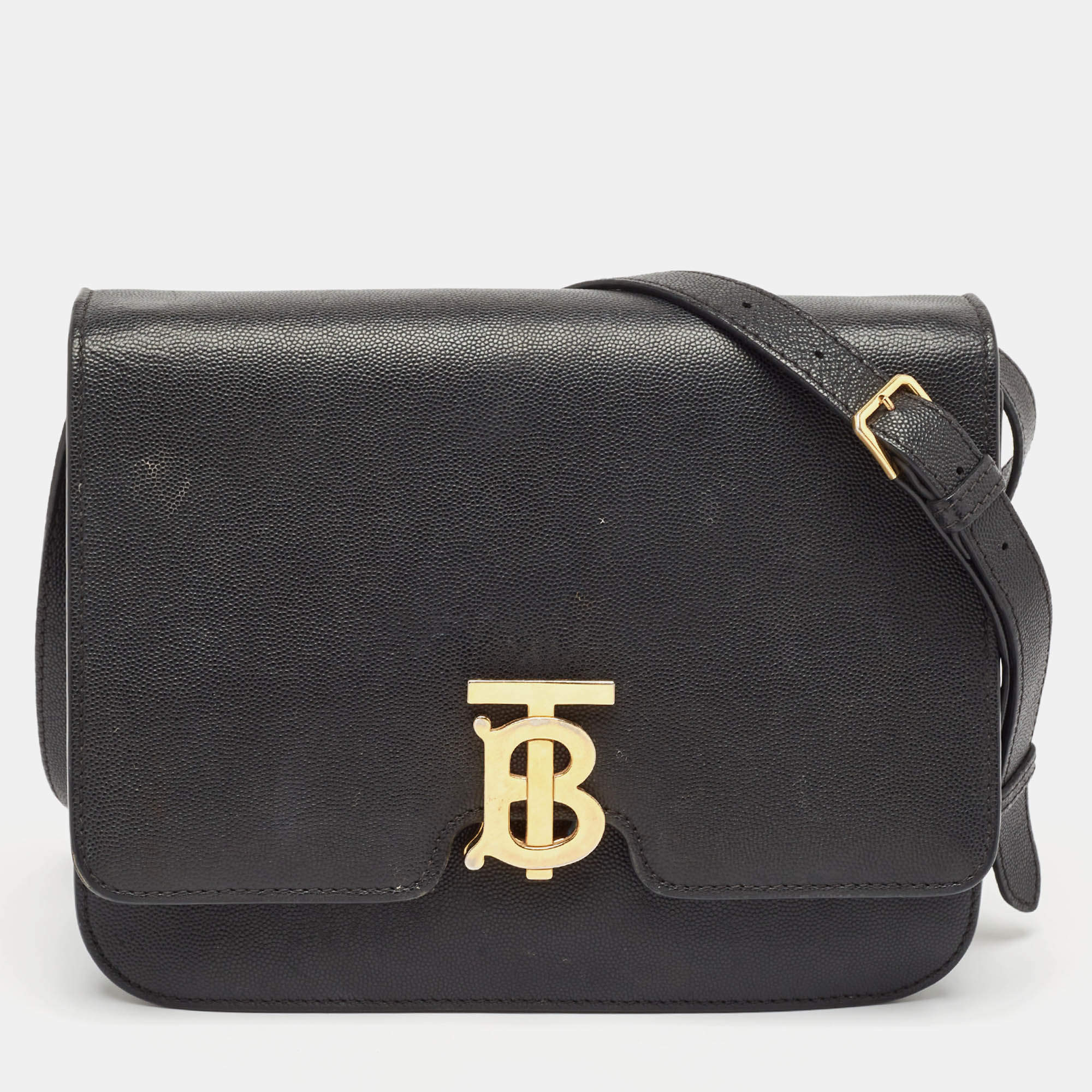 Pre Owned Burberry Black Leather Medium TB Shoulder Bag