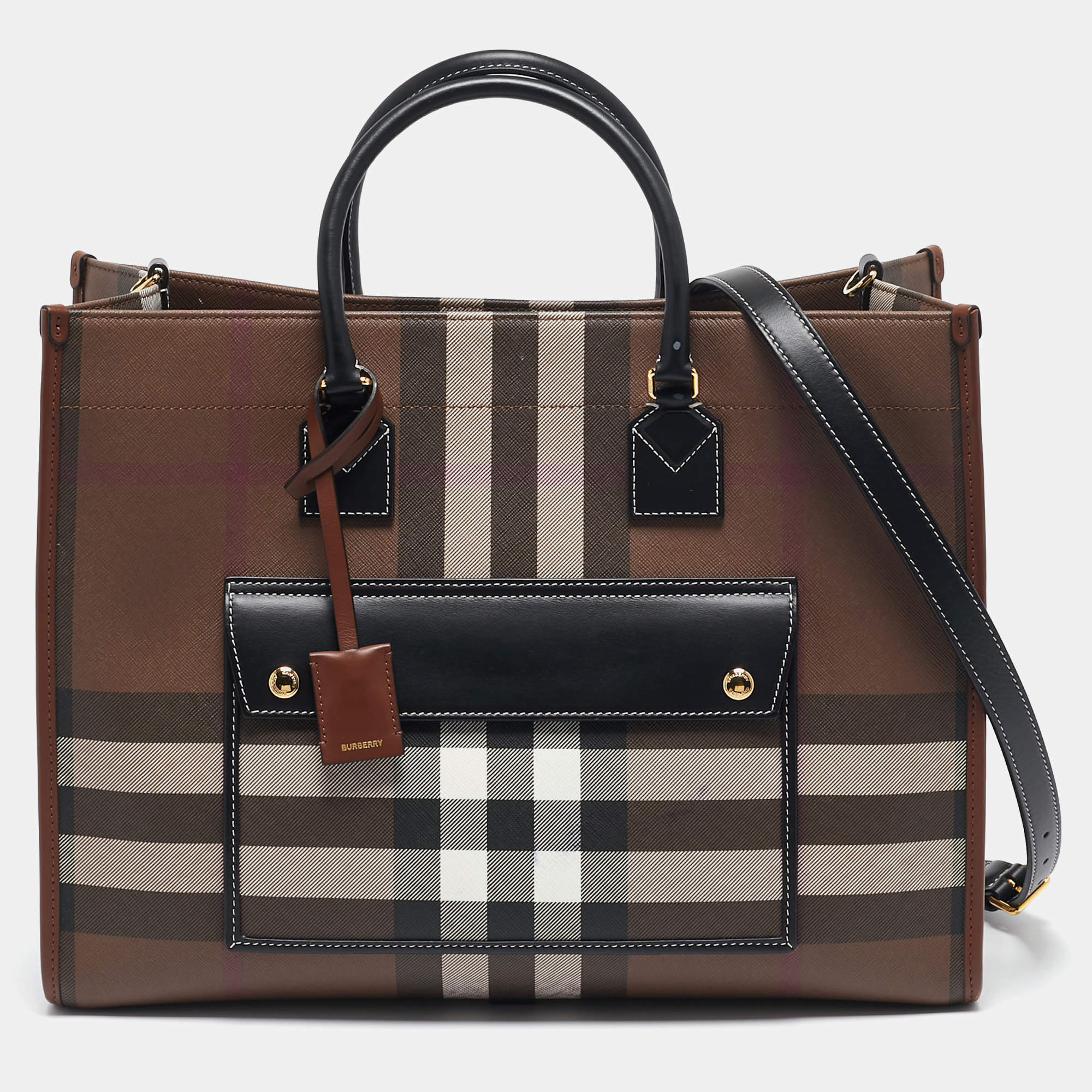 Pre Owned Burberry Dark Birch Brown Check Coated Canvas and Leather Medium Freya Tote