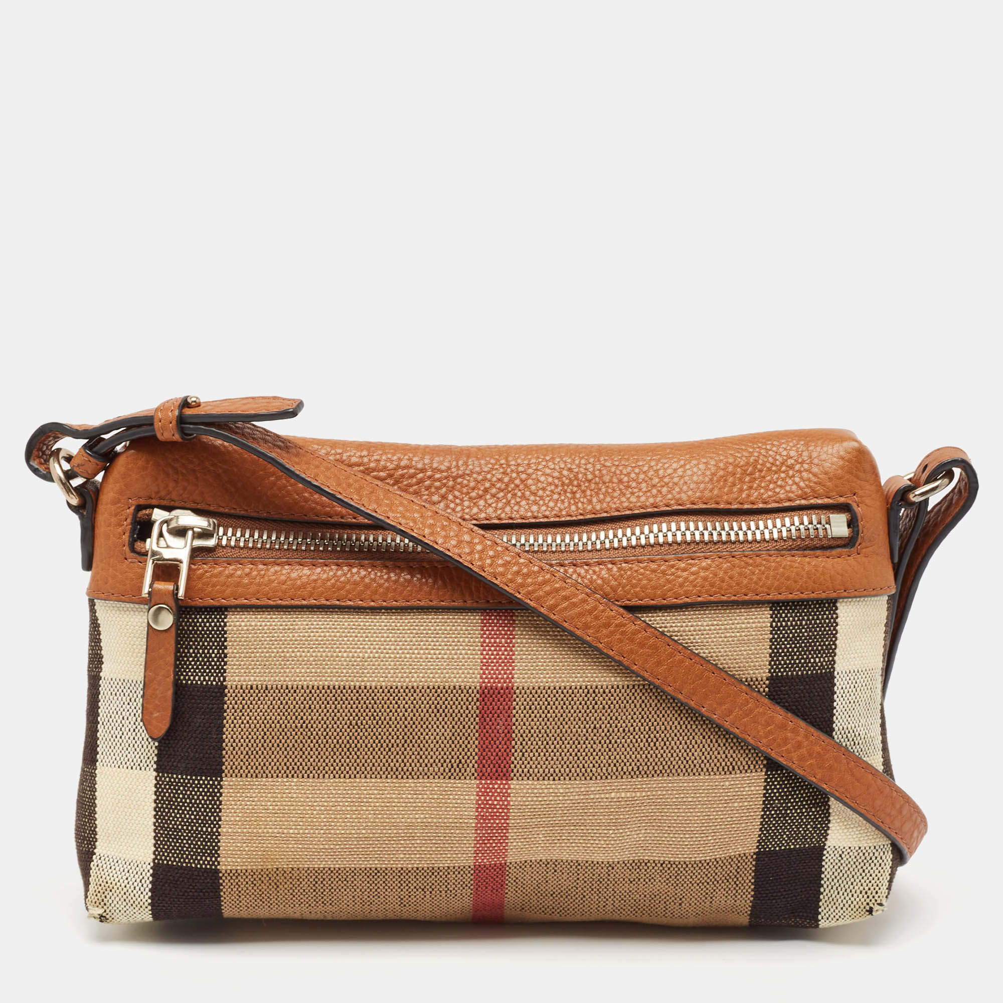 Burberry Brown/Beige House Check Canvas and Leather Farley Crossbody Bag