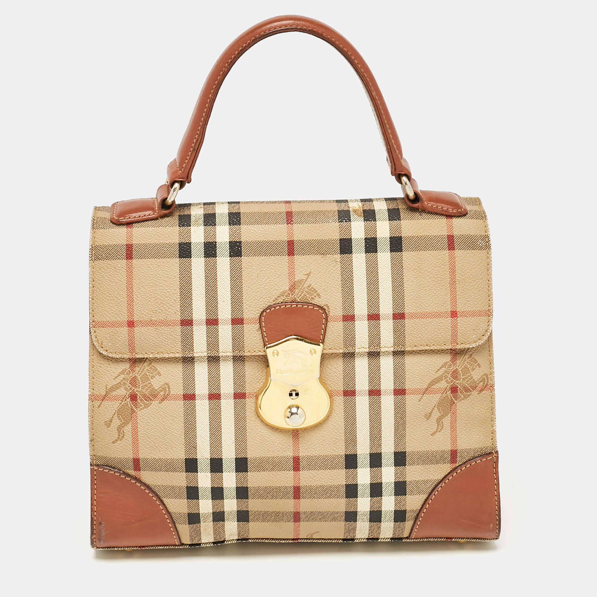 Burberry Beige/Brown Haymarket Coated Canvas and Leather Pushlock Top Handle Bag