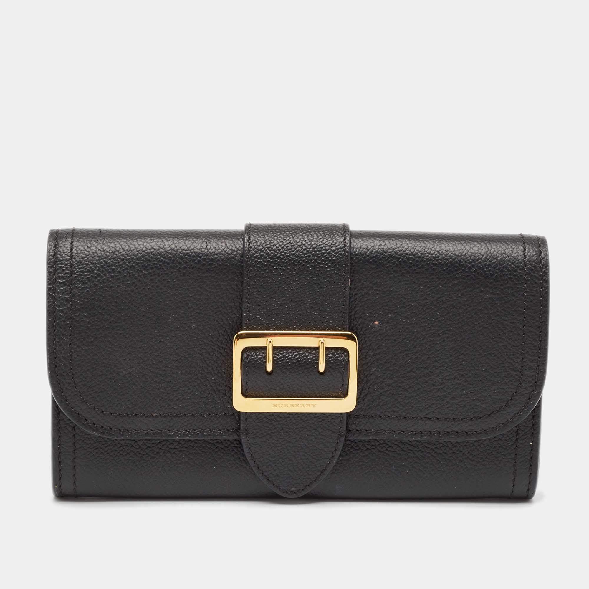 Burberry Black Leather Buckle Continental Wallet