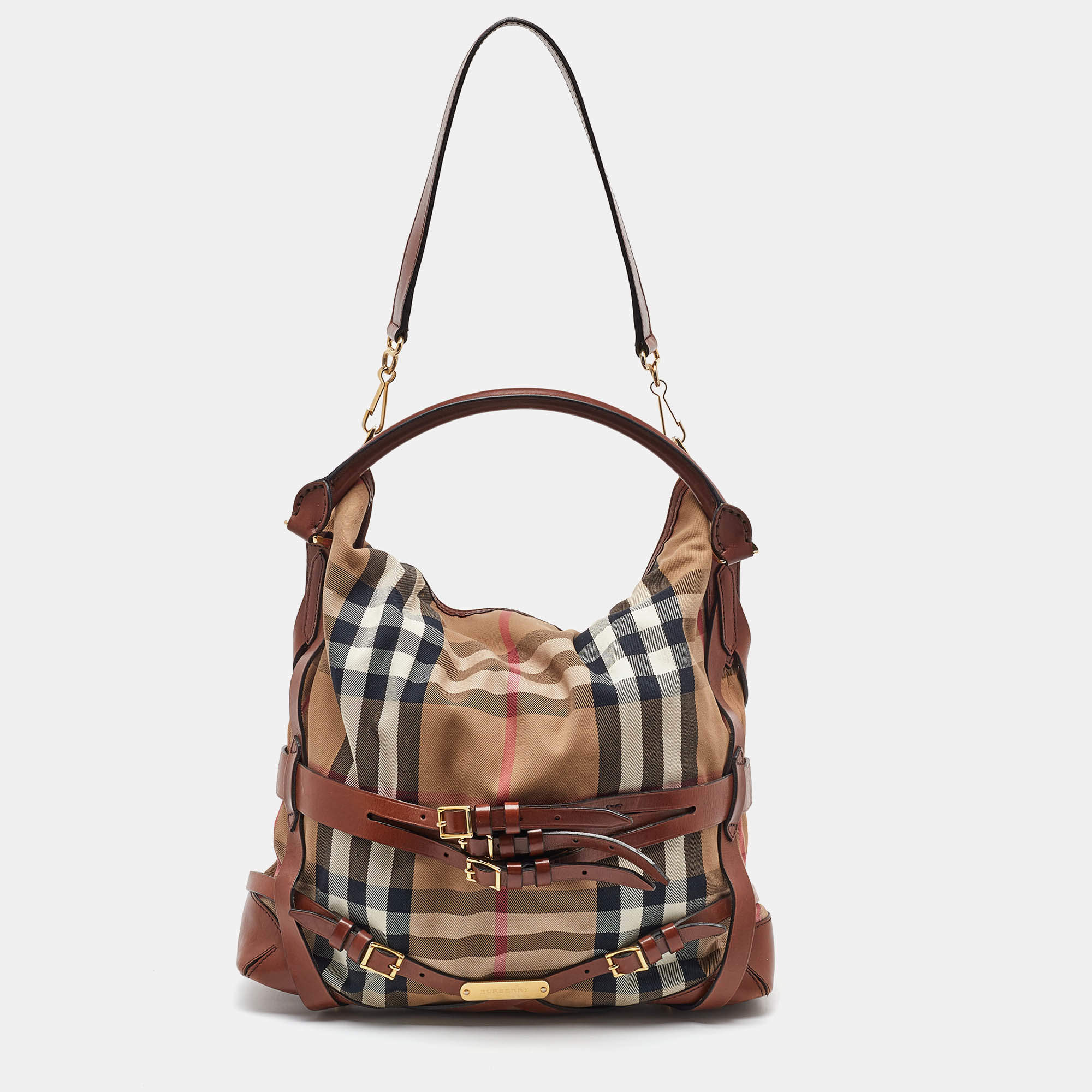 Pre Owned Burberry Brown/Beige Leather and House Check Canvas Medium Bridle Gosford Hobo