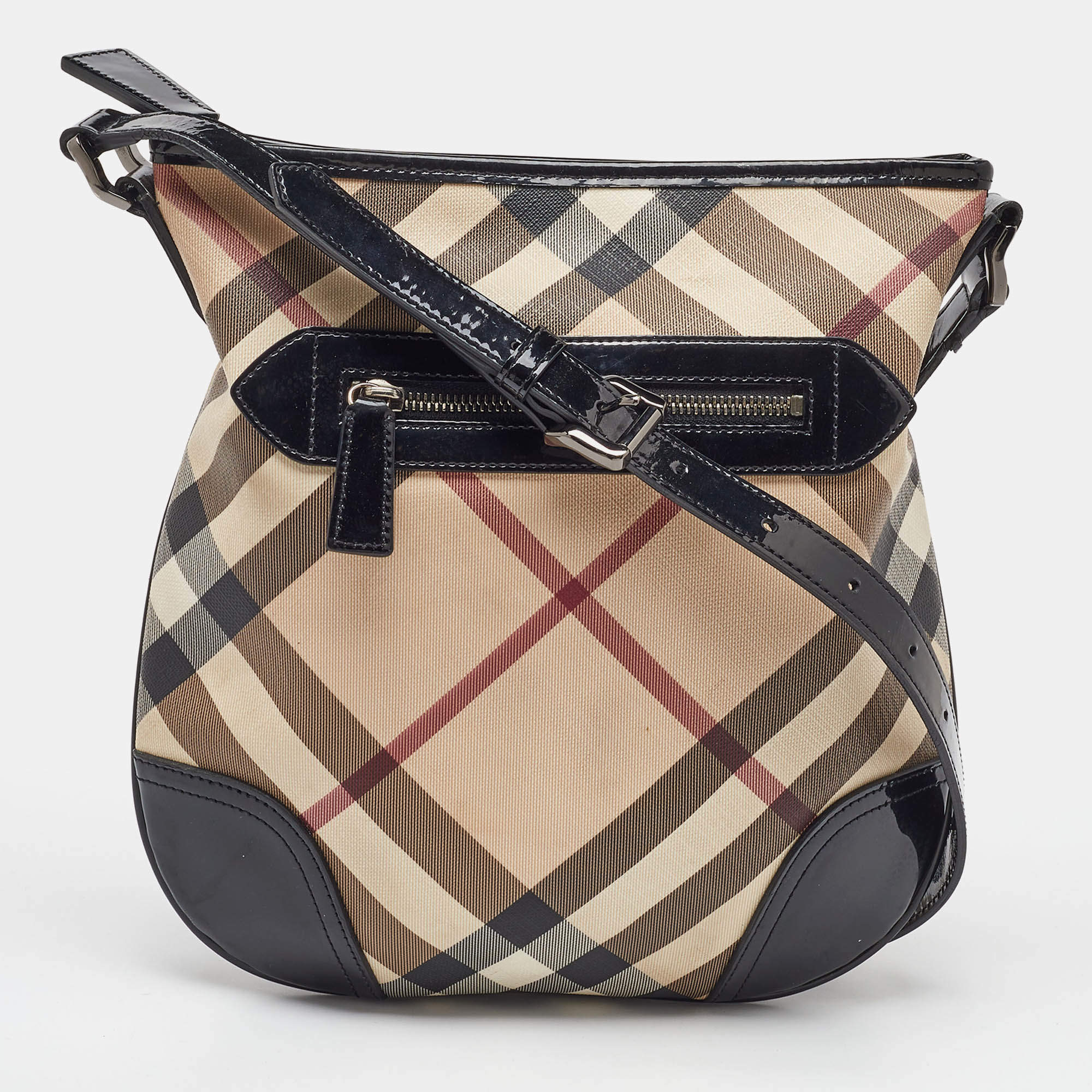 Burberry Beige/Black Supernova Check Coated Canvas and Patent Leather Dryden Shoulder Bag