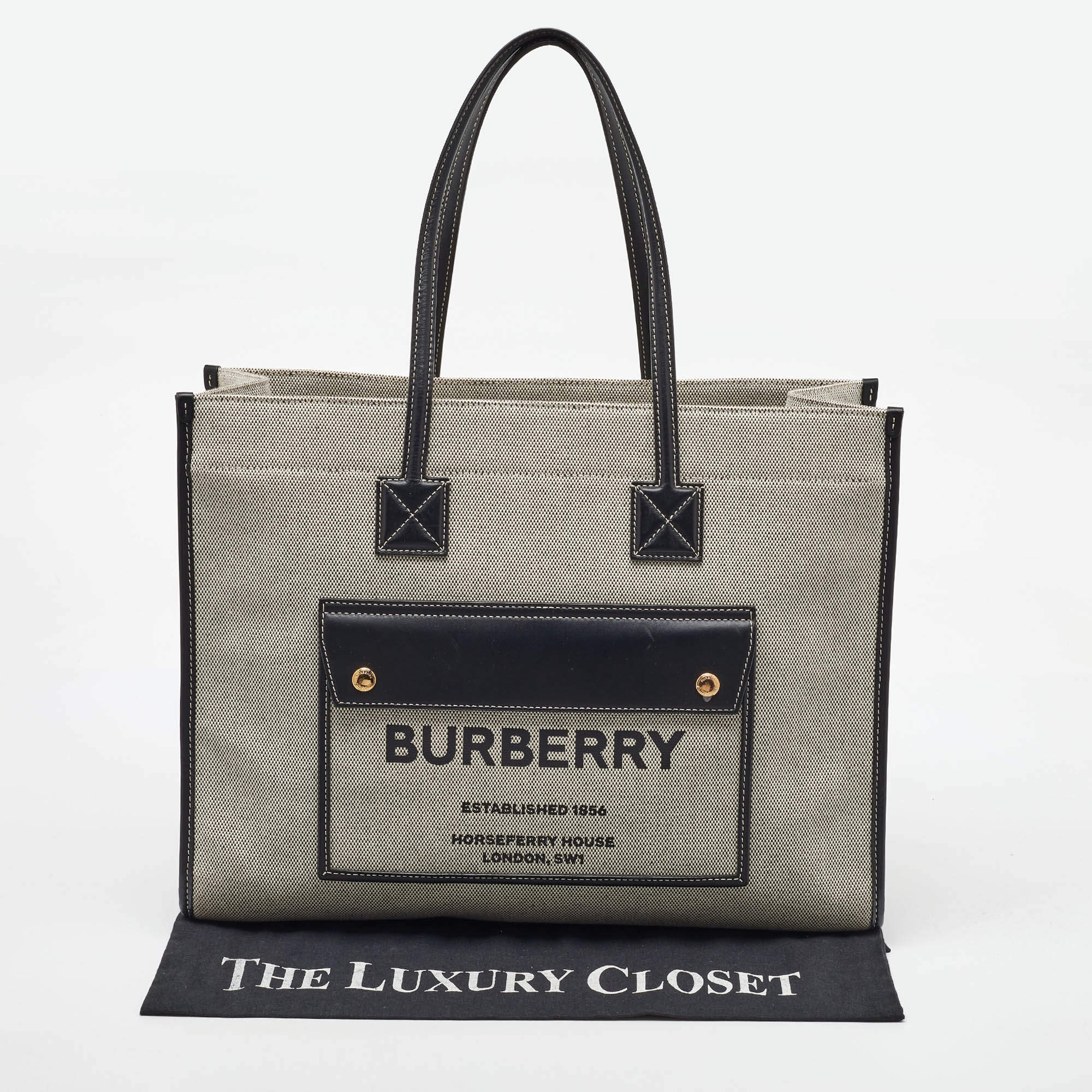 Pre Owned Burberry Black/Grey Canvas and Leather Medium Freya Tote