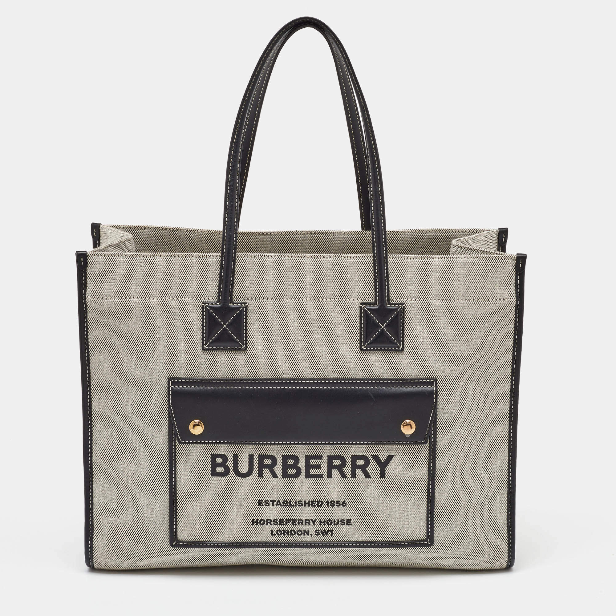 Pre Owned Burberry Black/Grey Canvas and Leather Medium Freya Tote