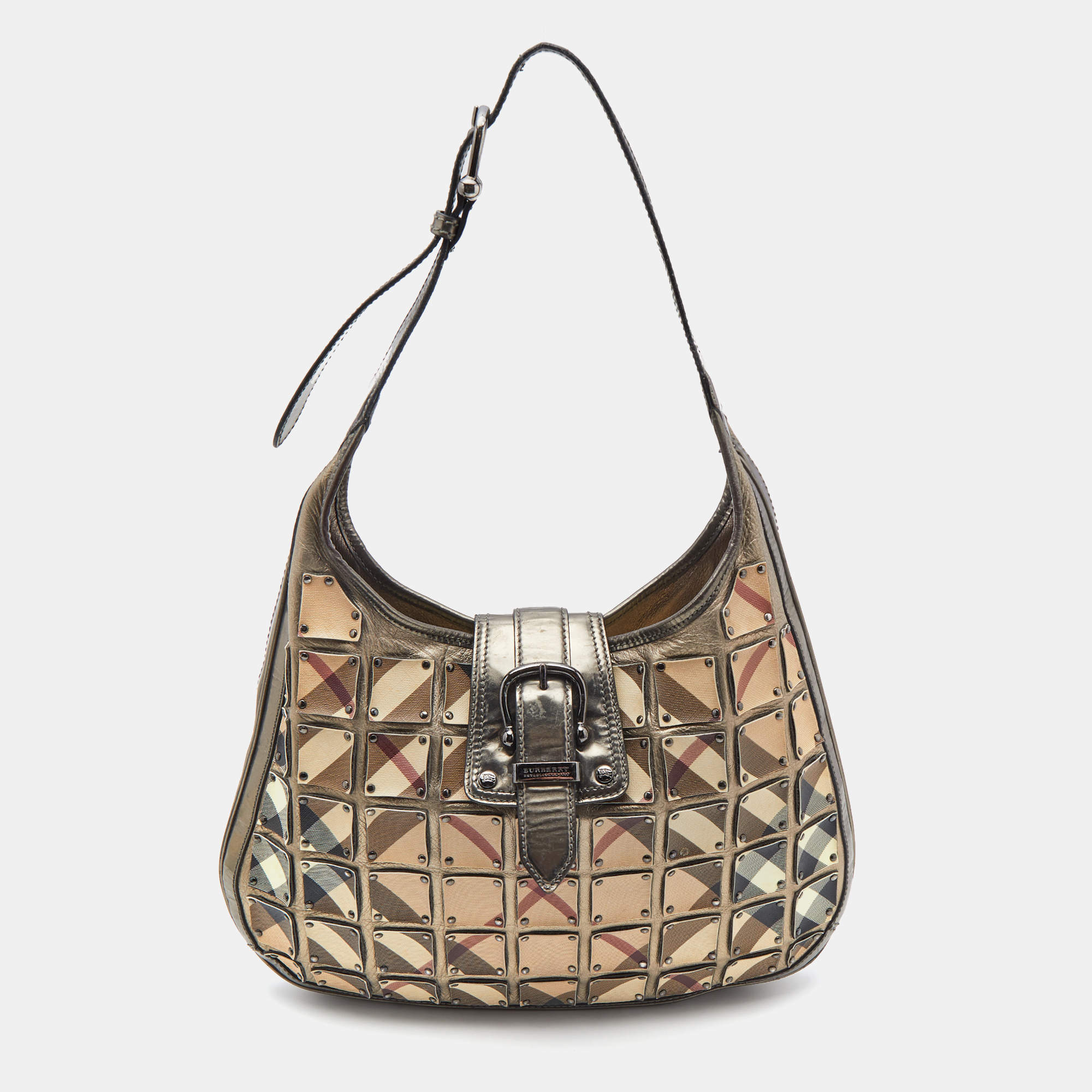 Burberry Metallic/Beige Nova Check Coated Canvas and Leather Brooke Warrior Hobo