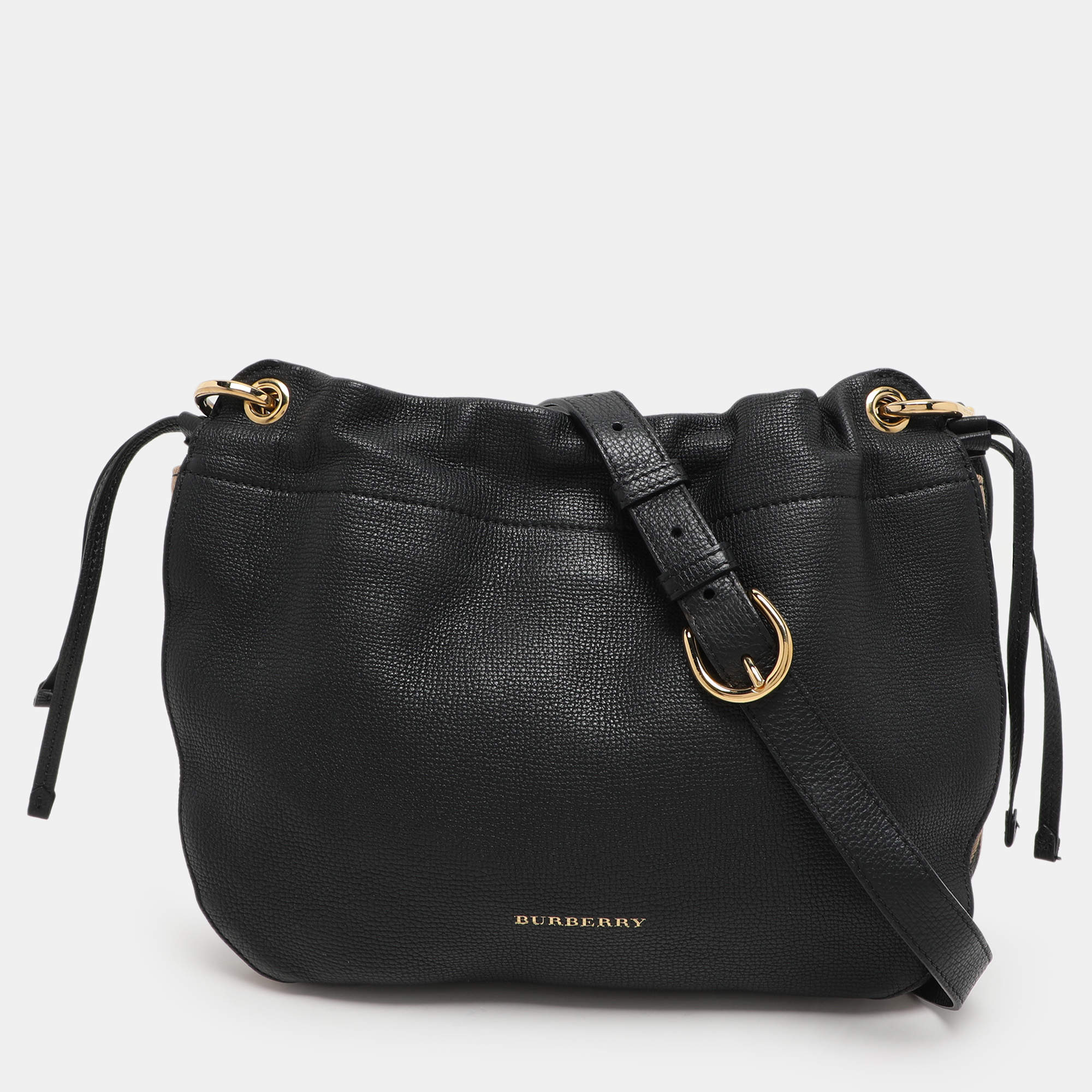 Burberry Black/Beige Leather and House Check Canvas Bingley Drawstring Bucket Bag
