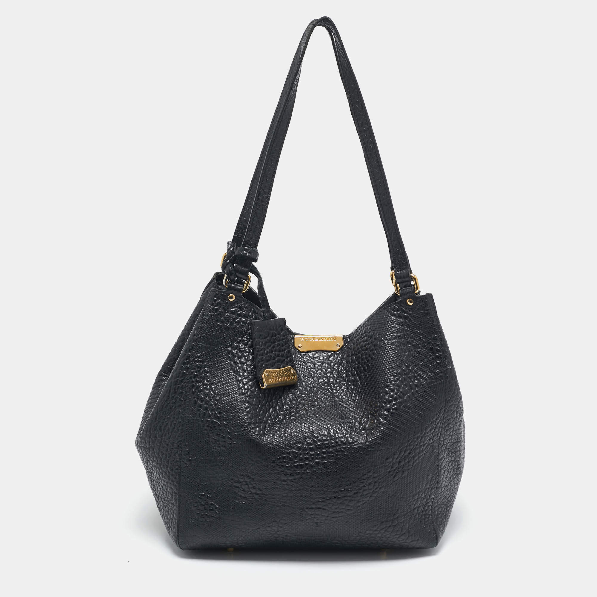 Burberry Black Embossed Check Leather Canterbury Tote