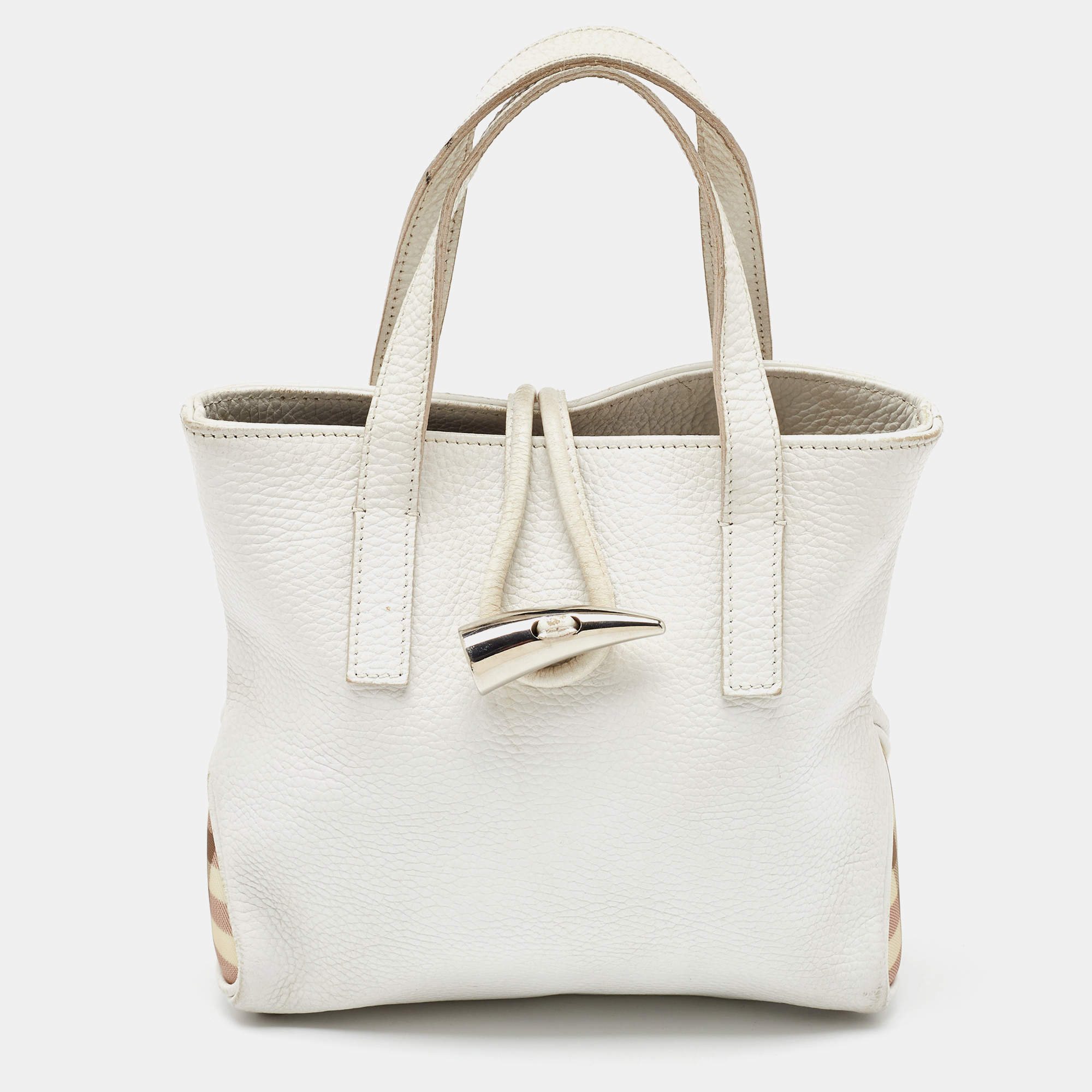 Pre Owned Burberry White/Beige Leather and Coated Canvas Satchel