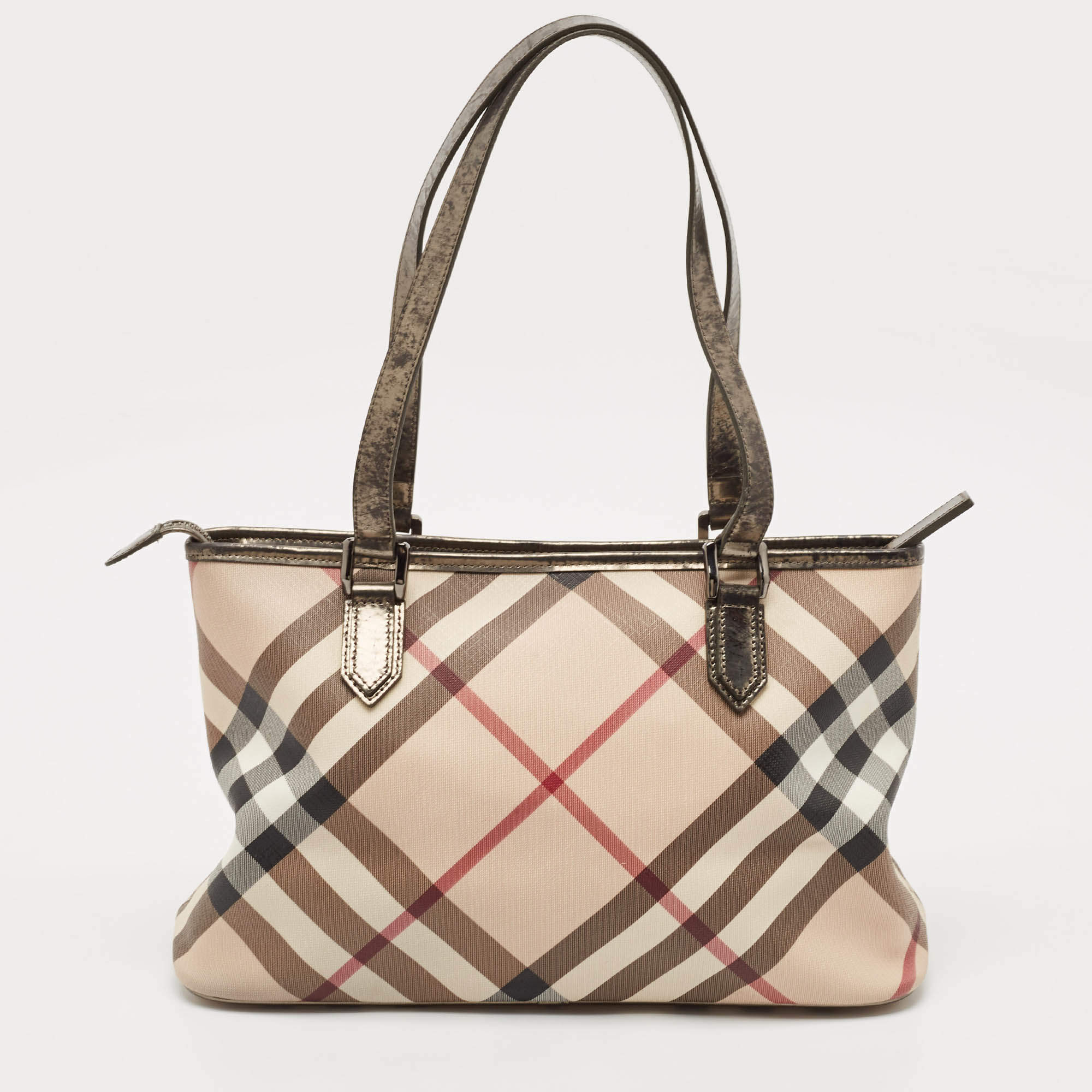 Pre Owned Burberry Metallic/Beige Supernova Check PVC and Patent Leather Nickie Tote