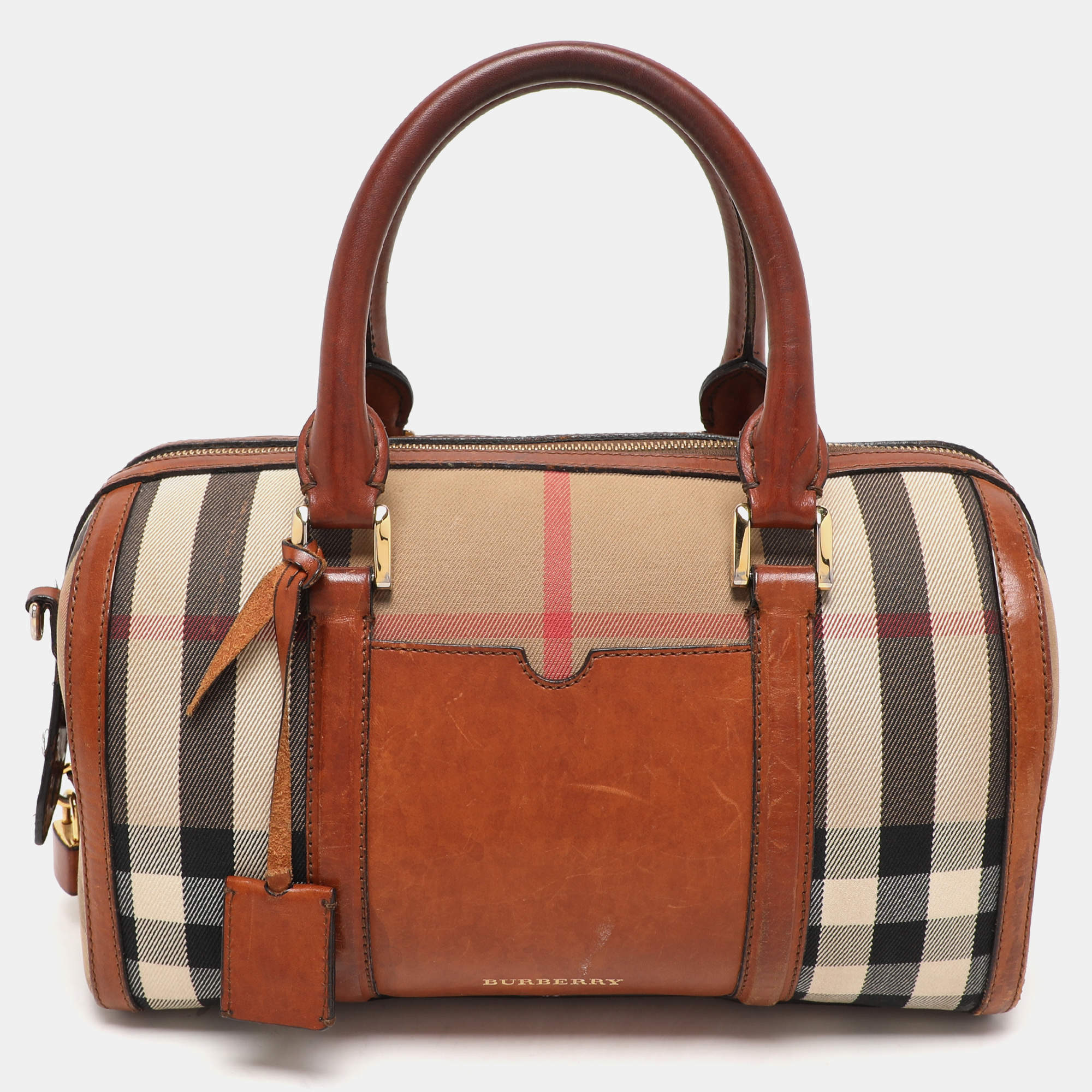 Pre Owned Burberry Brown Ochre House Check Fabric Medium Sactorial Alchester Bowler Bag