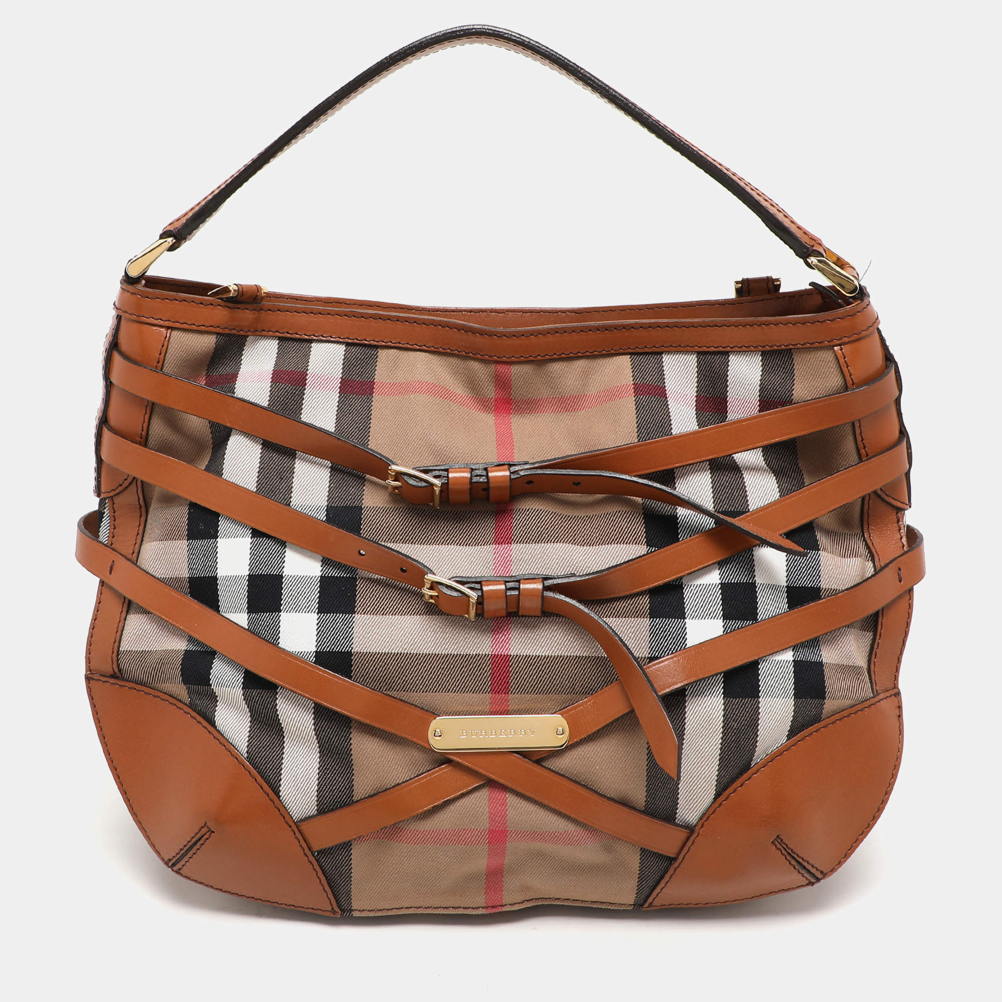 Burberry Brown House Check Canvas and Leather Small Bridle Dutton Hobo