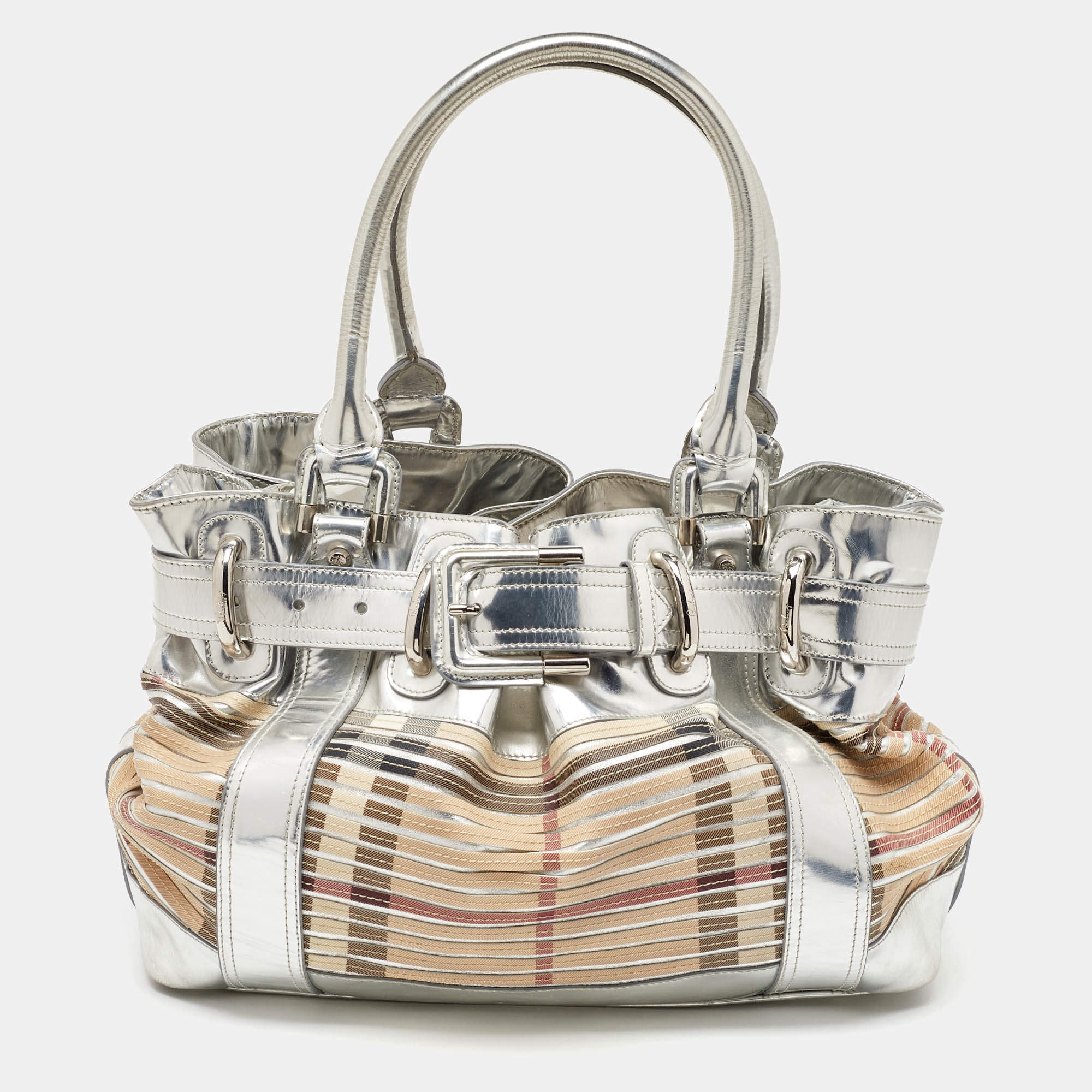 Burberry Silver/Beige Sliced Coated Canvas and Leather Large Beaton Tote
