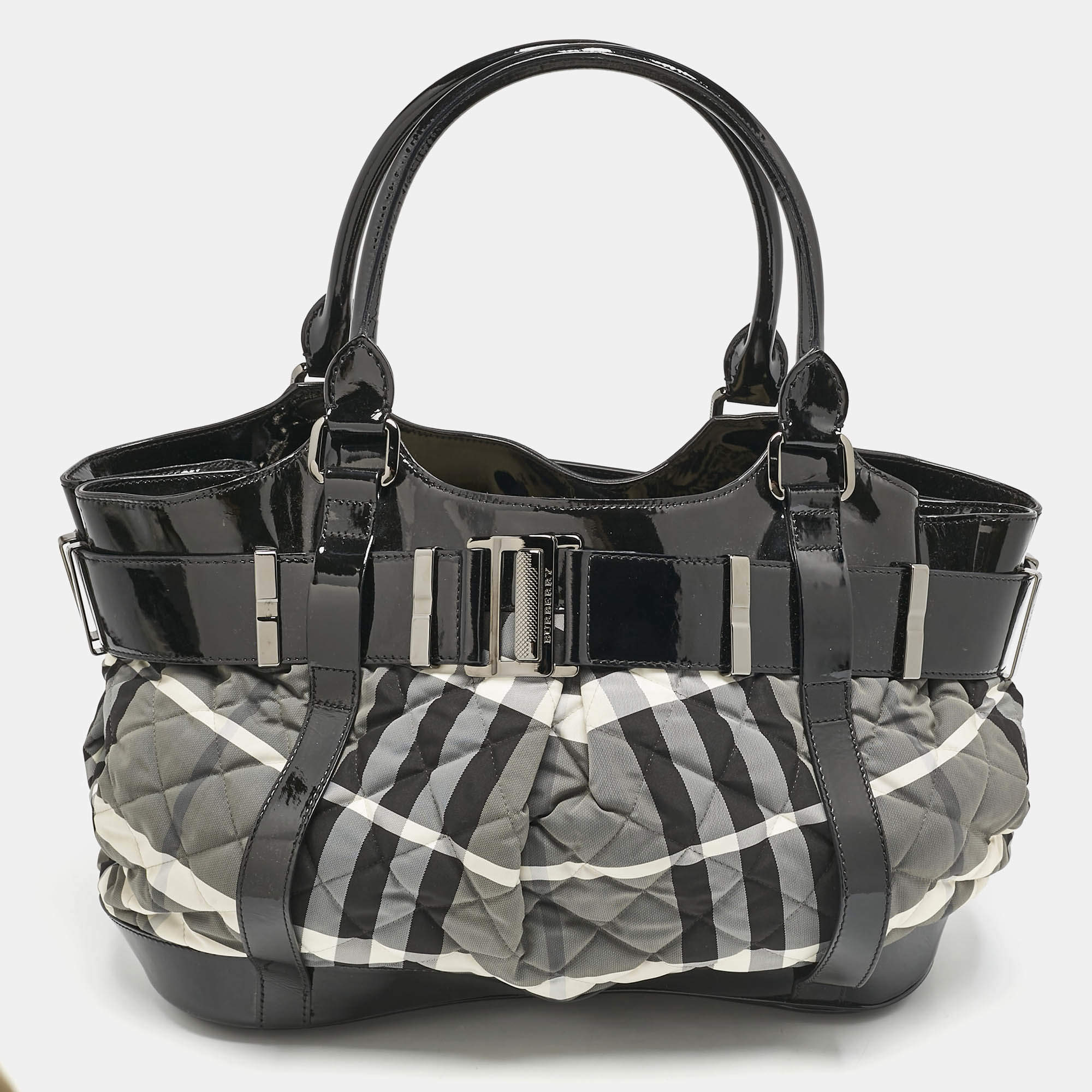 Burberry Black/Grey Check Quilted Nylon and Patent Leather Healy Tote