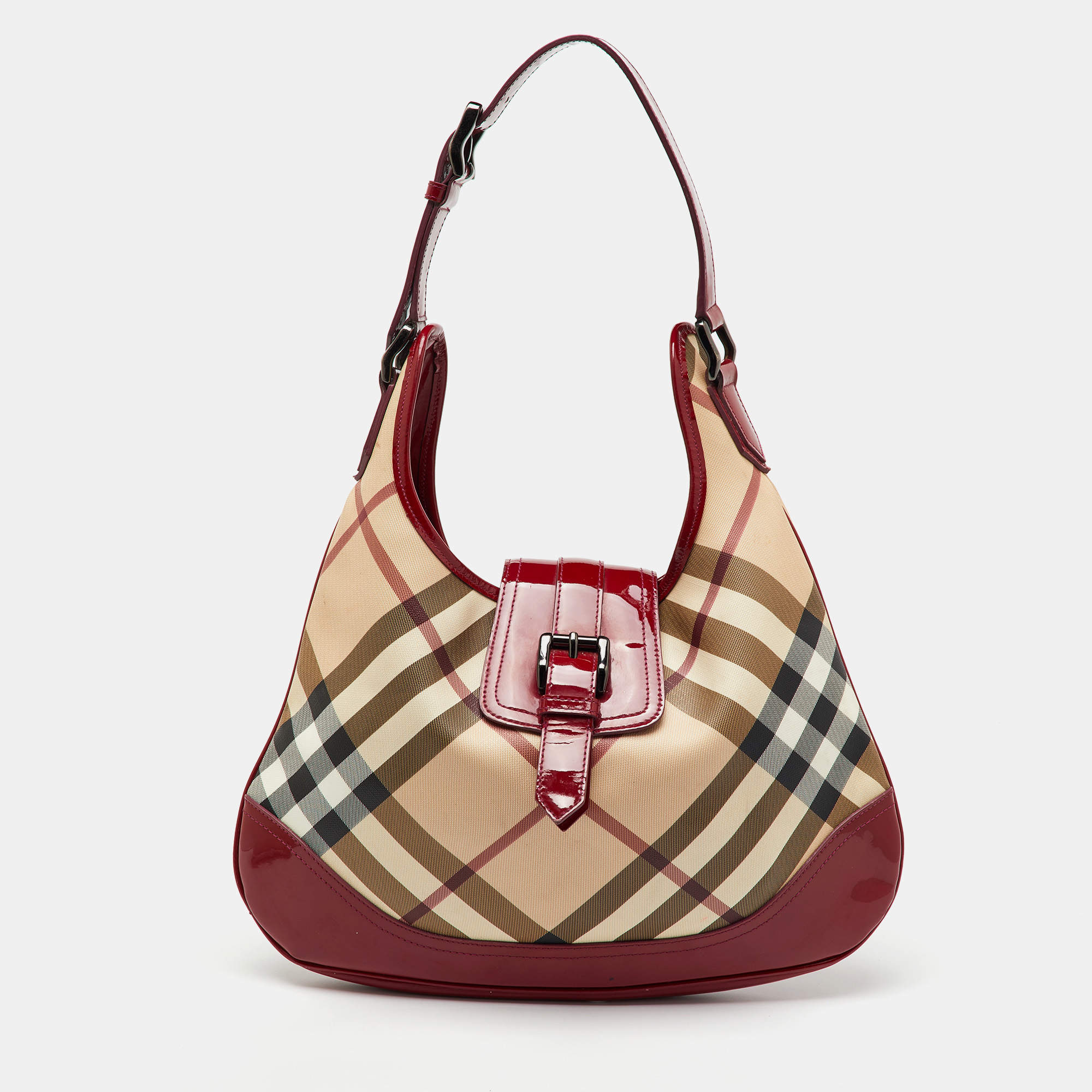 Burberry Beige/Burgundy Nova Check PVC and Patent Leather Brooke Hobo