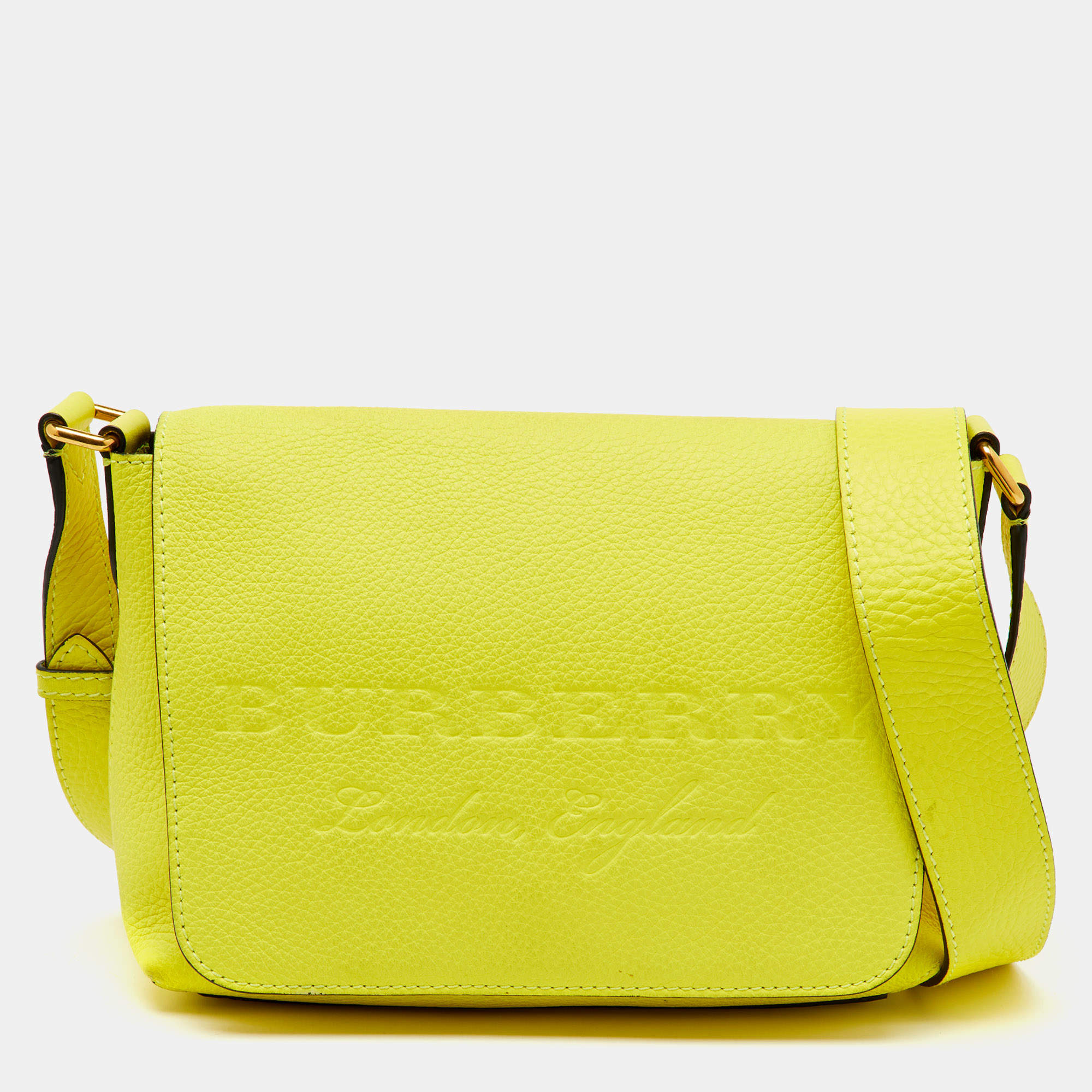 Pre Owned Burberry Neon Yellow Leather Small Burleigh Shoulder Bag