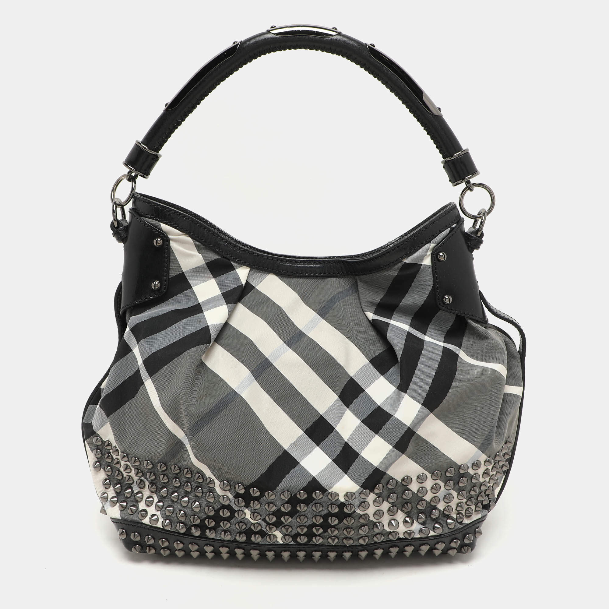 Burberry Grey/Black  Beat Check Nylon and Patent Leather Studded Hobo