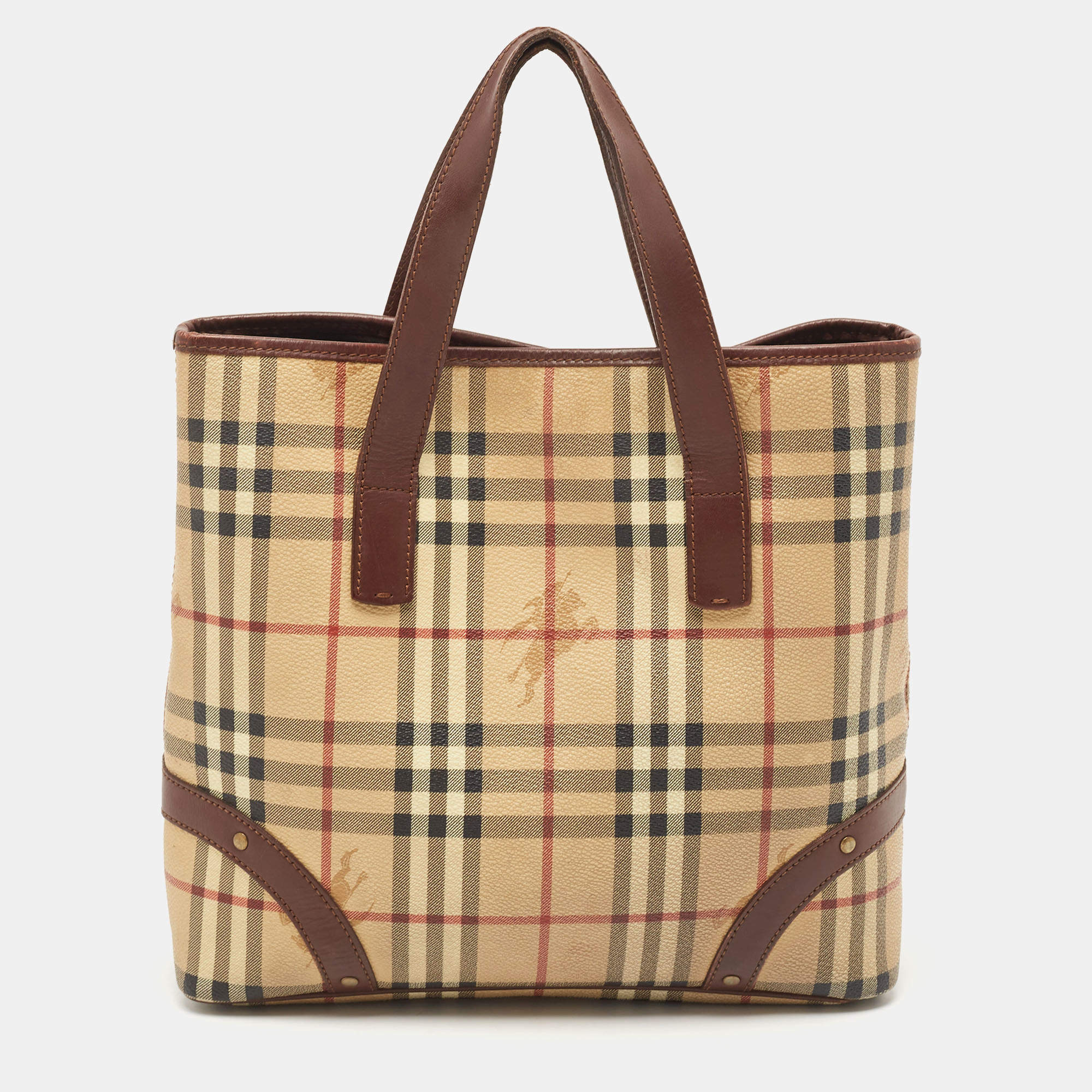 Burberry Brown/Beige Haymarket Check Coated Canvas and Leather Studded Tote