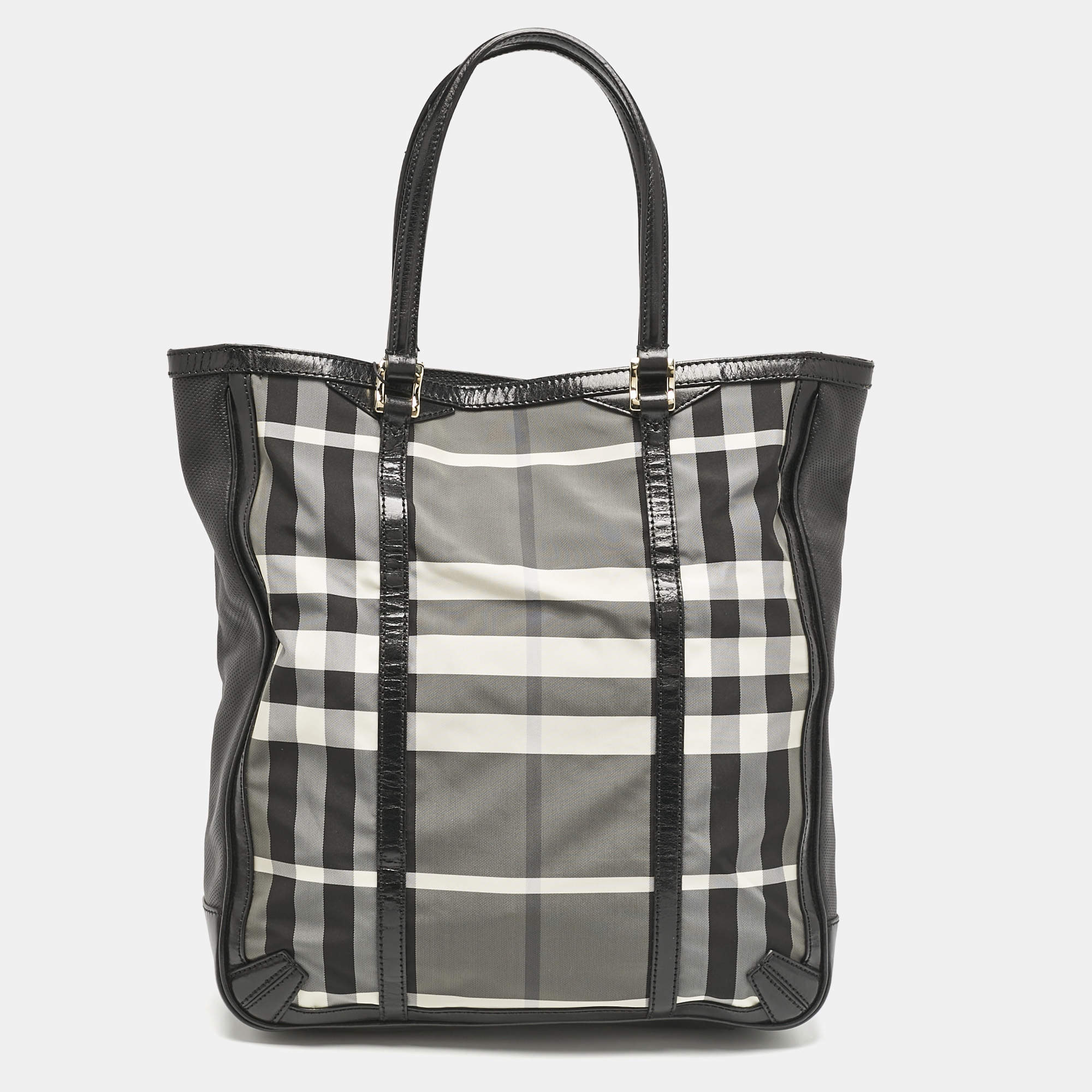 Burberry Black/Charcoal Check Nylon Medium Marlow Tote