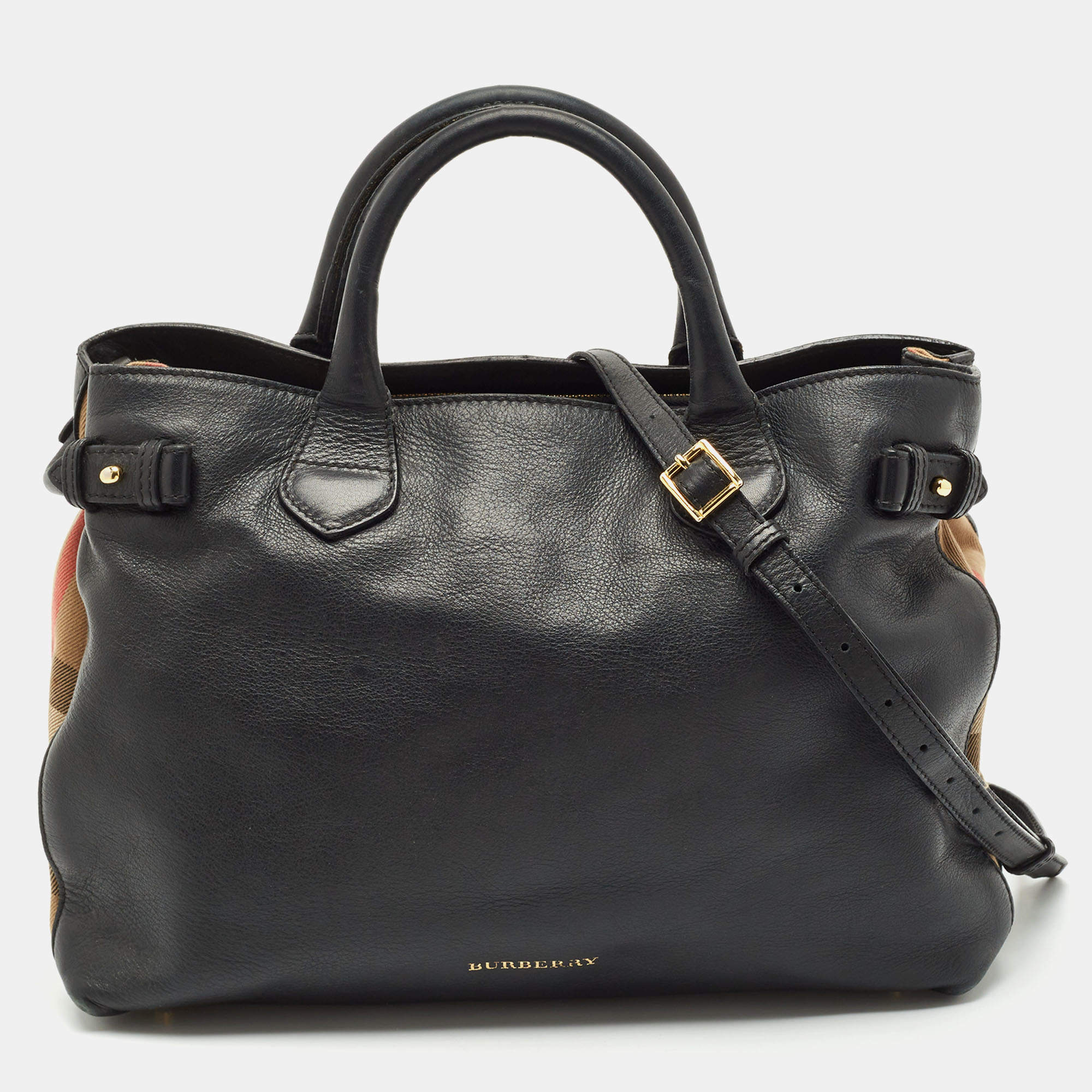 Burberry Black Leather and House Check Fabric Medium Banner Tote