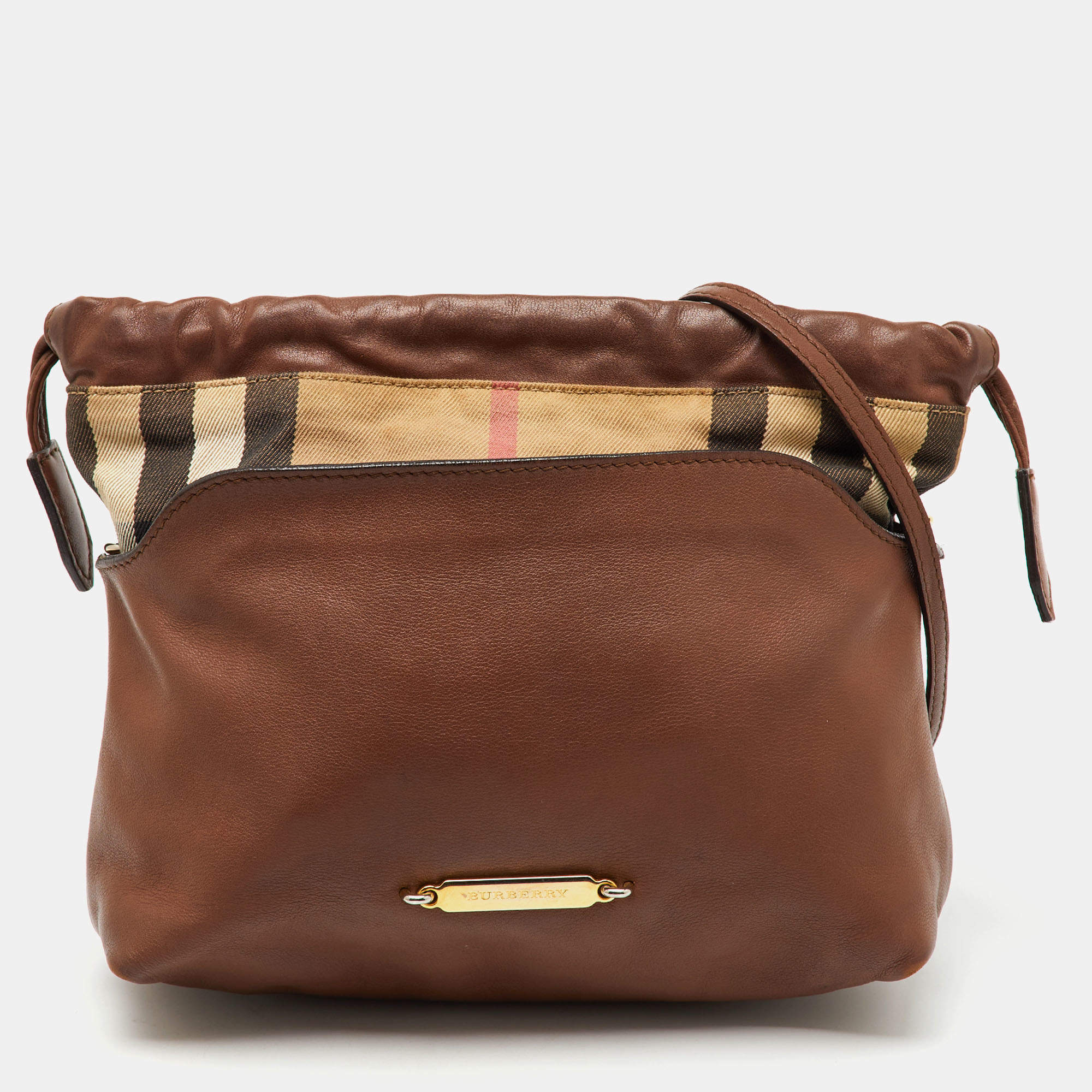 Burberry Brown/Beige House Check Canvas and Leather Little Crush Crossbody Bag