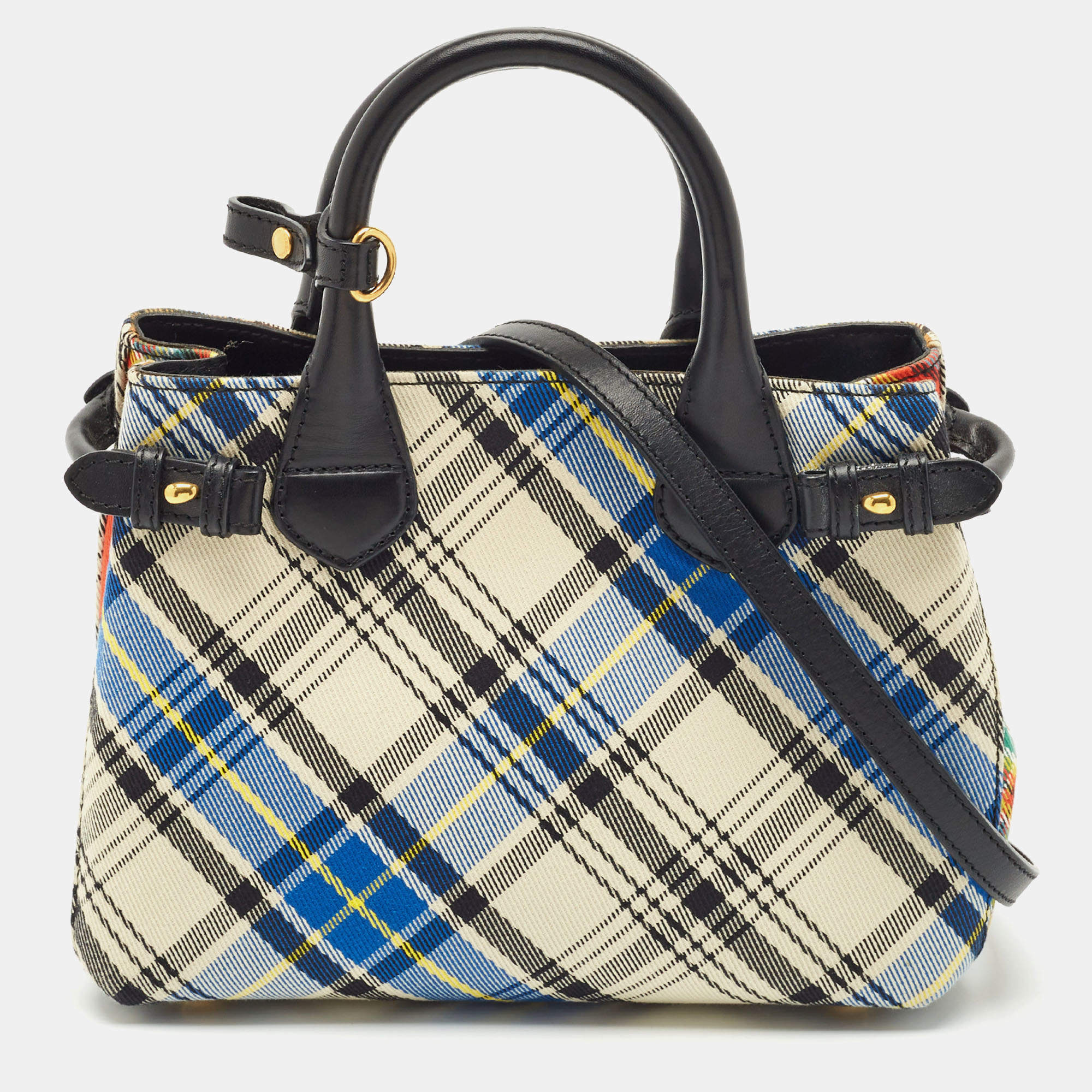 Burberry Multicolor Tartan Mix Fabric and Leather Small Banner Tote