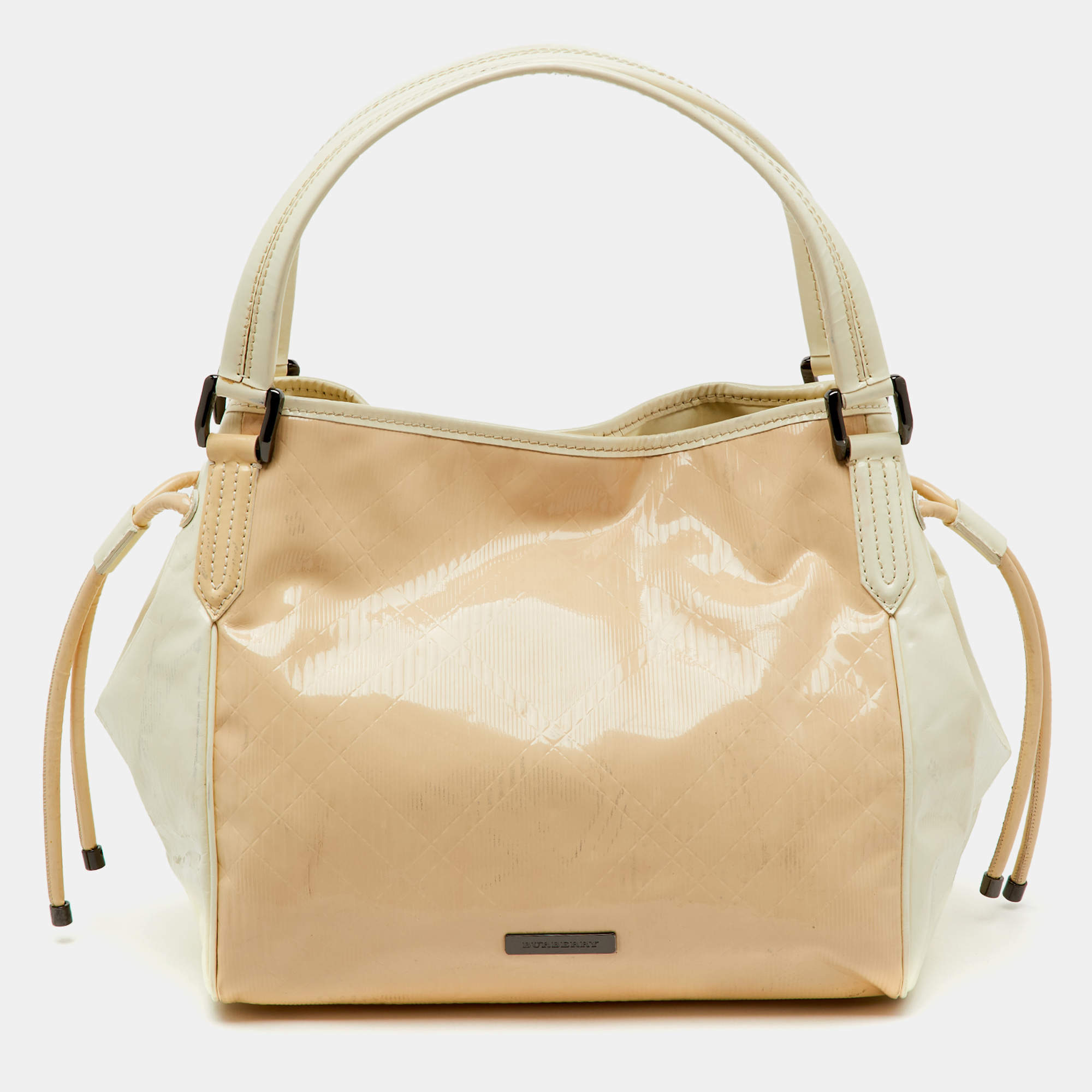 Burberry White/Beige Check Patent Leather Bilmore Tote