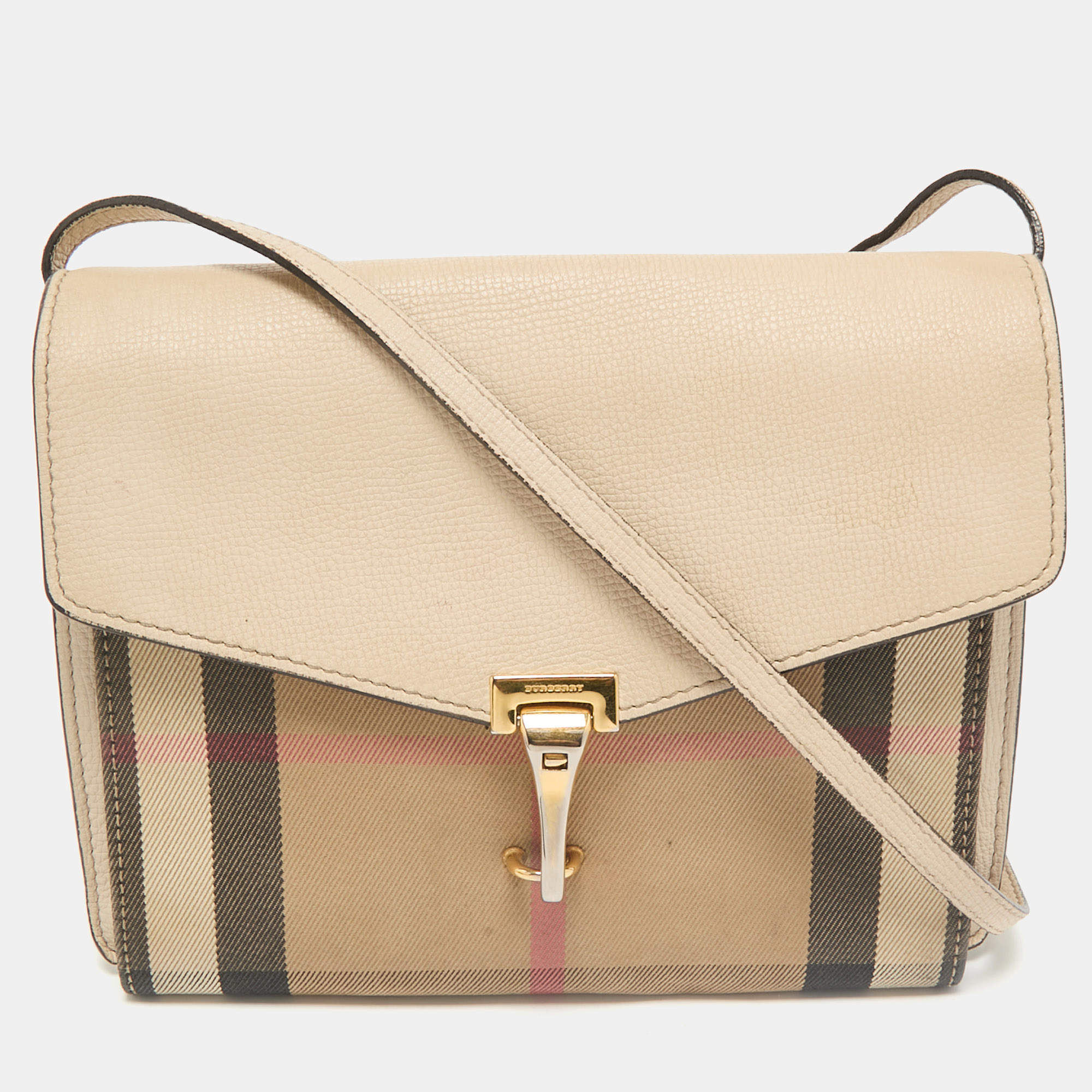Burberry Cream/Brown House Check Canvas and Leather Macken Flap Crossbody Bag