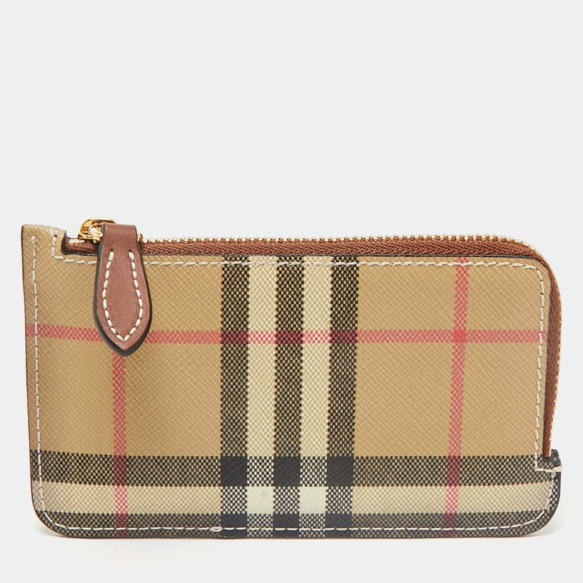 Burberry Brown/Beige House Check Coated Canvas and Leather Zip Card Case