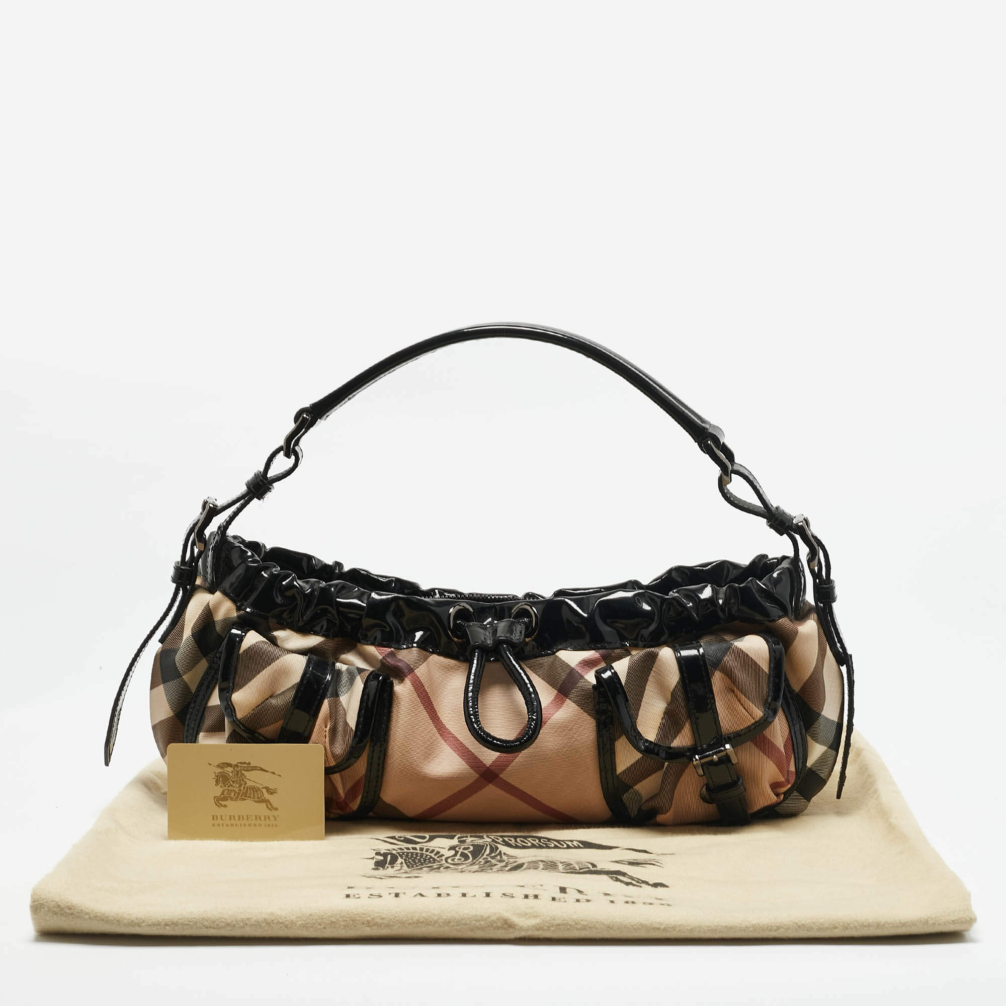 Pre Owned Burberry Beige/Black Nova Check PVC and Patent Leather Front Pocket Bag