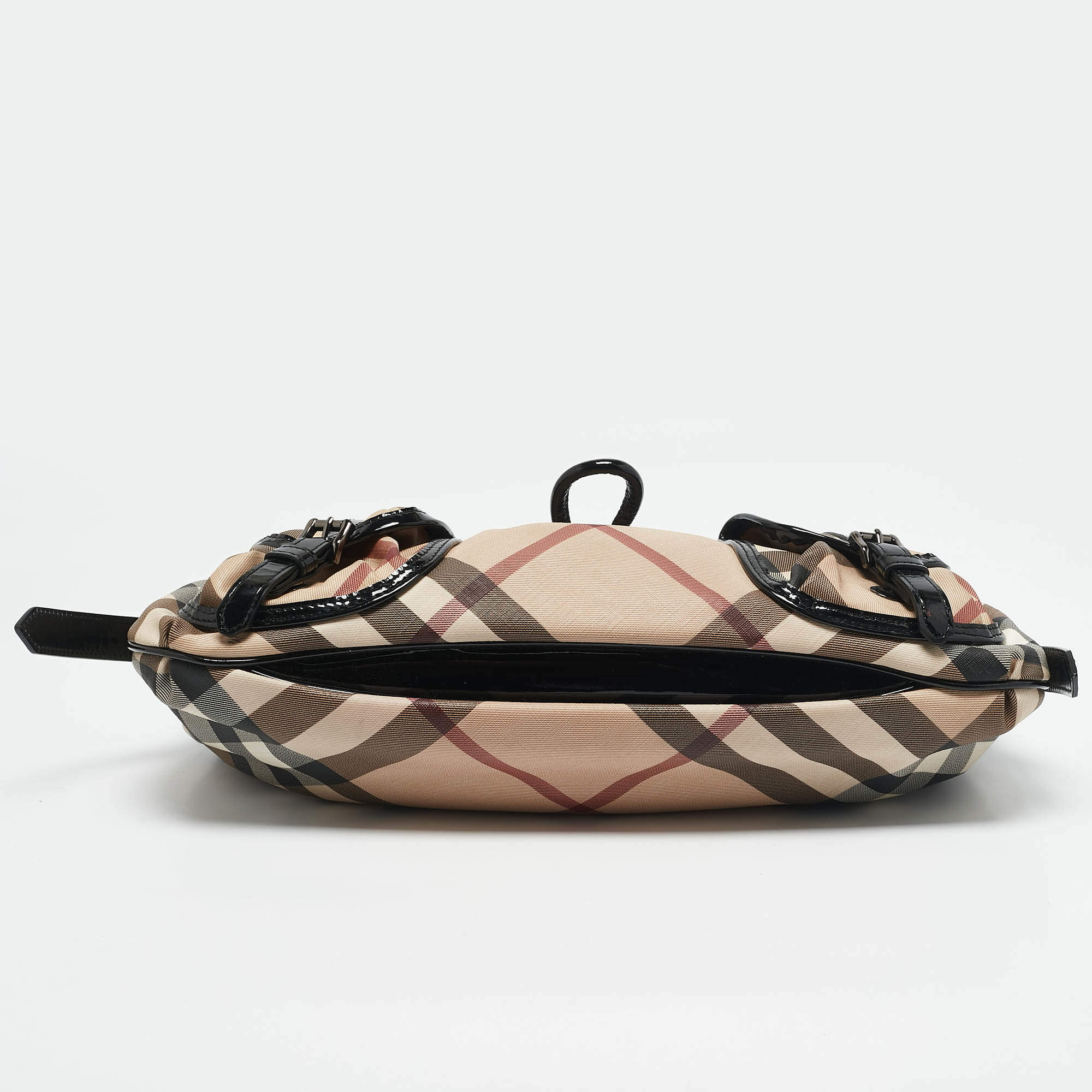 Pre Owned Burberry Beige/Black Nova Check PVC and Patent Leather Front Pocket Bag