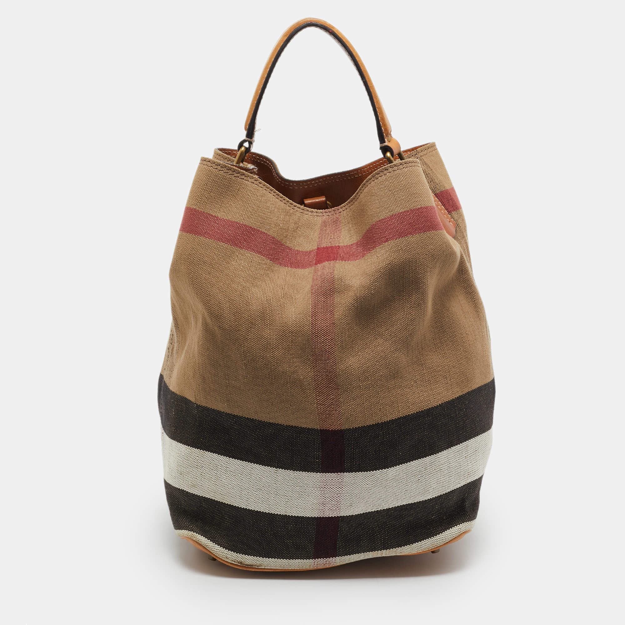 Burberry Brown/Beige House Check Canvas Leather Susanna Bucket Bag