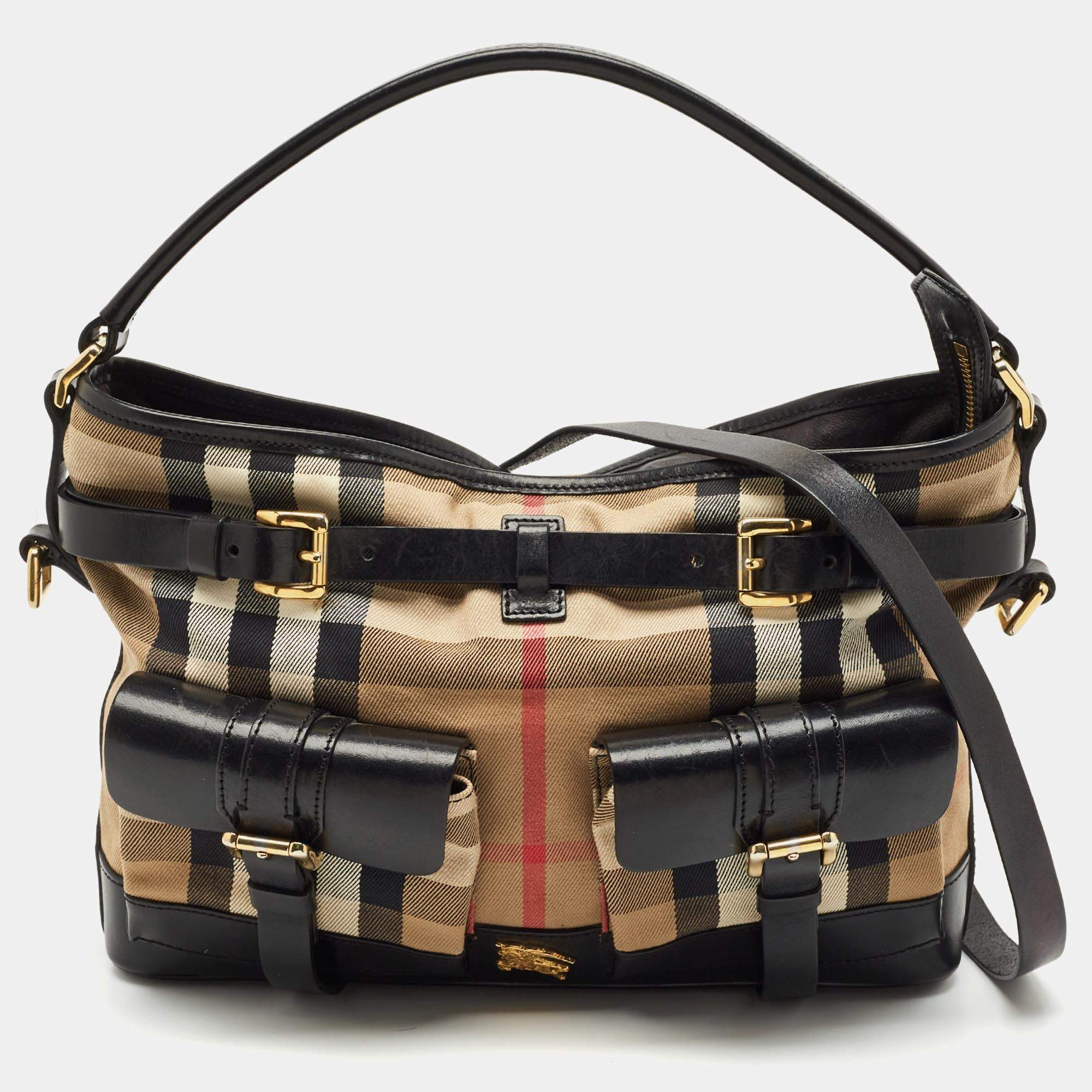 Burberry Brown/Beige House Check Canvas and Leather Double Pocket Shoulder Bag
