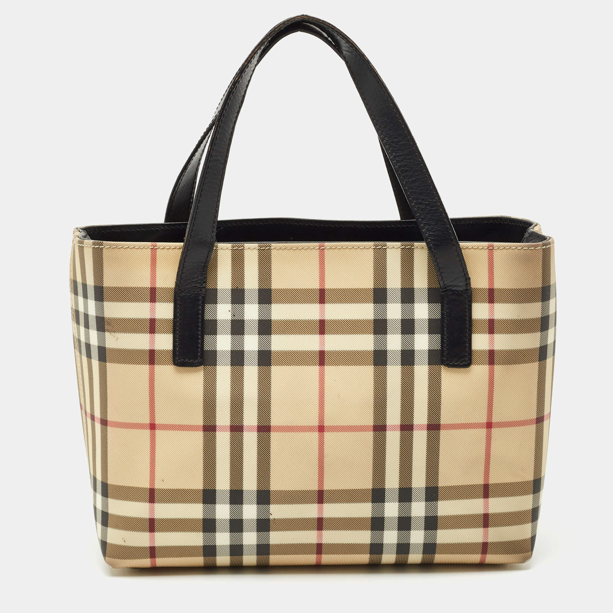 Pre Owned Burberry Beige/Black House Check Coated Canvas and Leather Tote