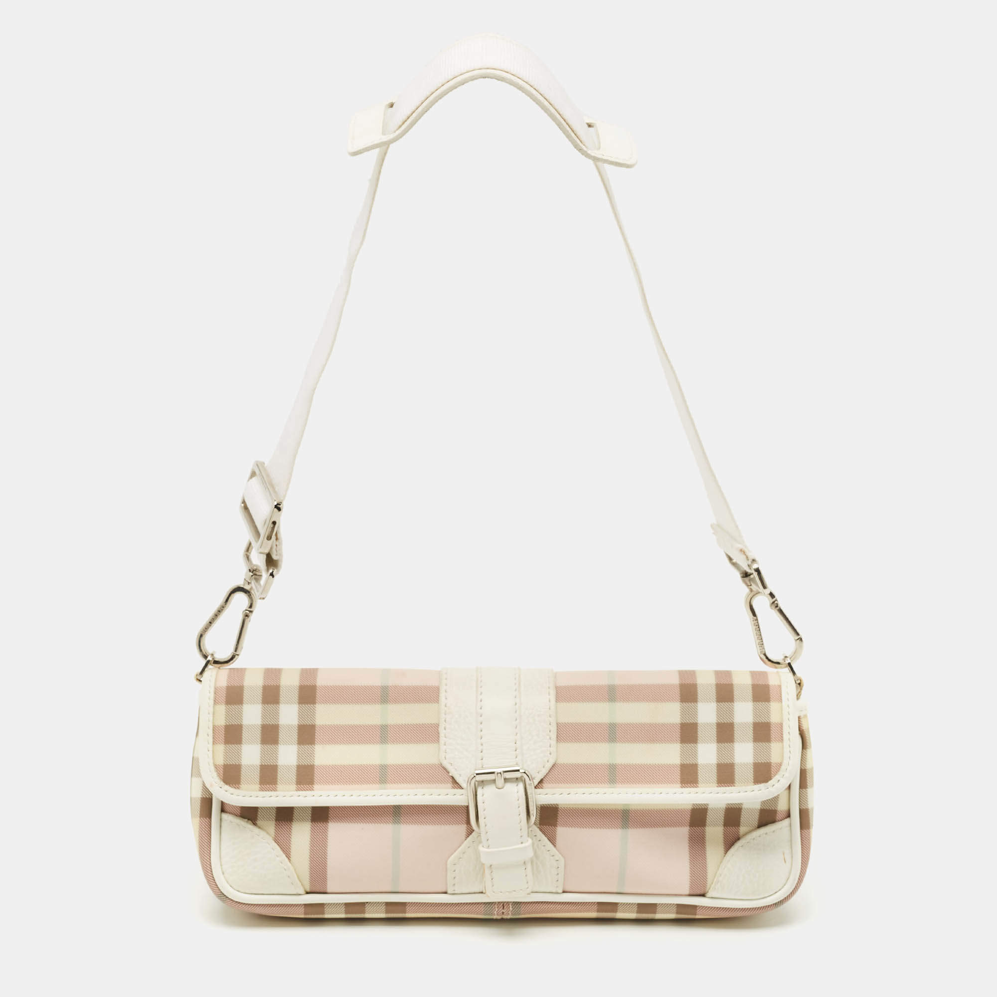 مملوكة مسبقًا Burberry Pink/White House Check PVC and Leather Buckle Flap Shoulder Bag