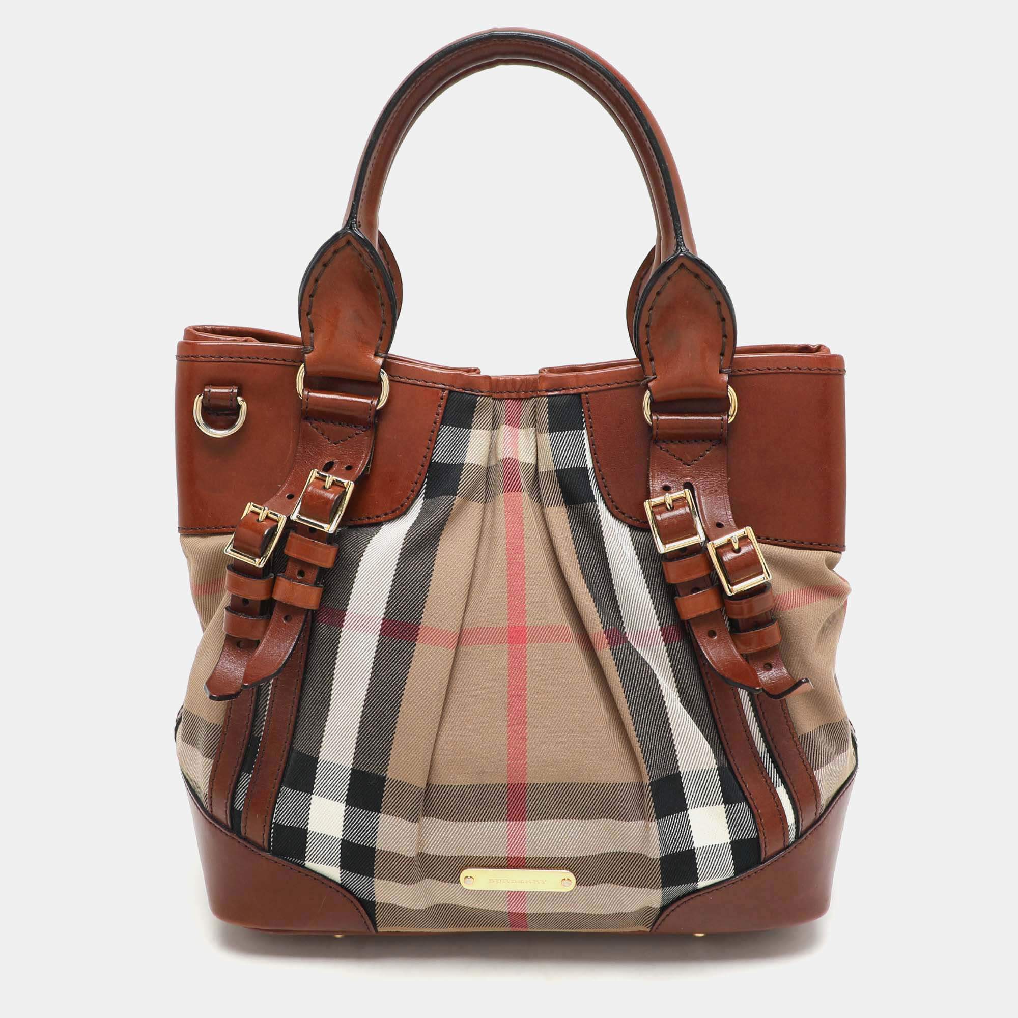 Burberry Brown House Check Canvas and Leather Bridle Whipstitch Tote