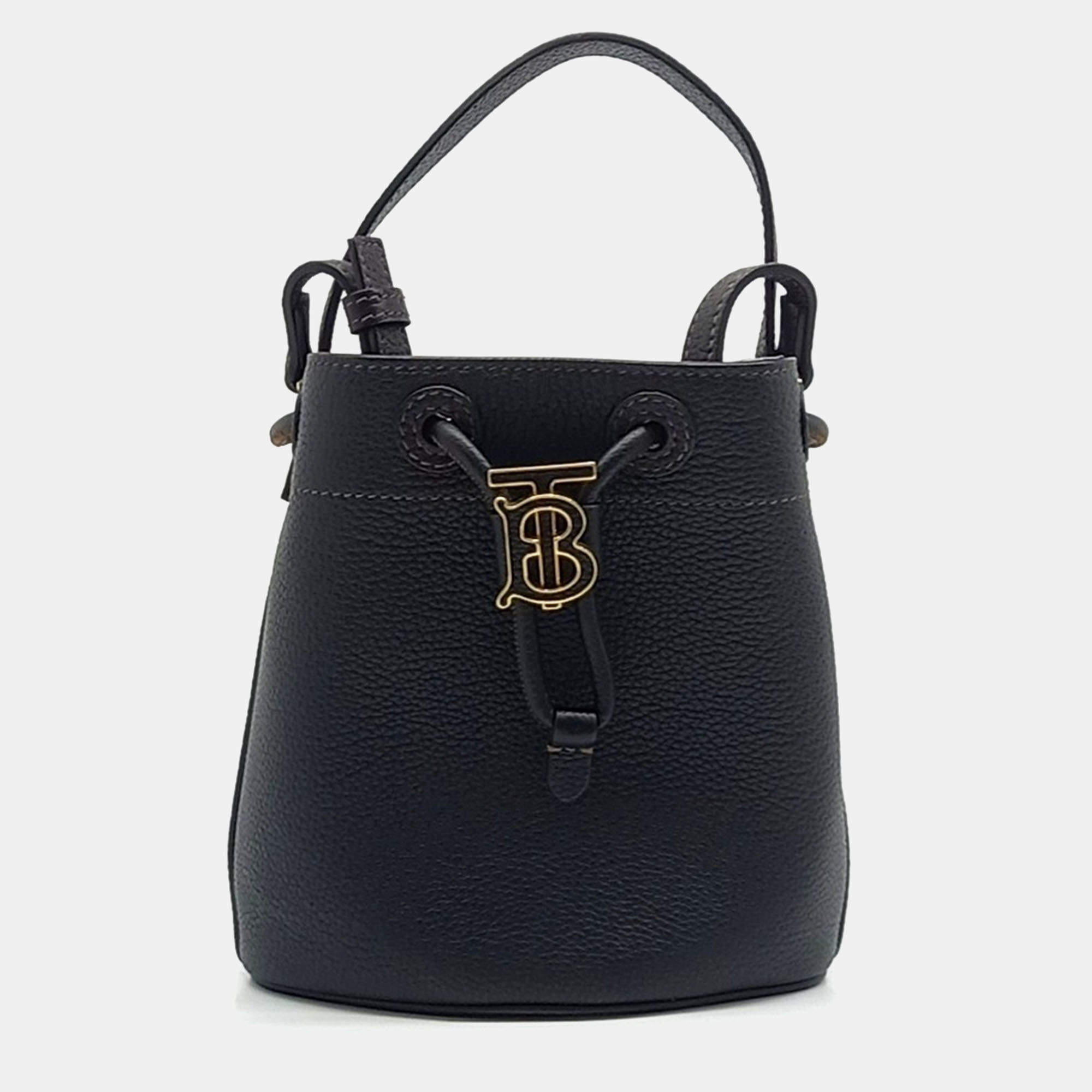 Burberry Black Leather Mini TB Bucket Bag